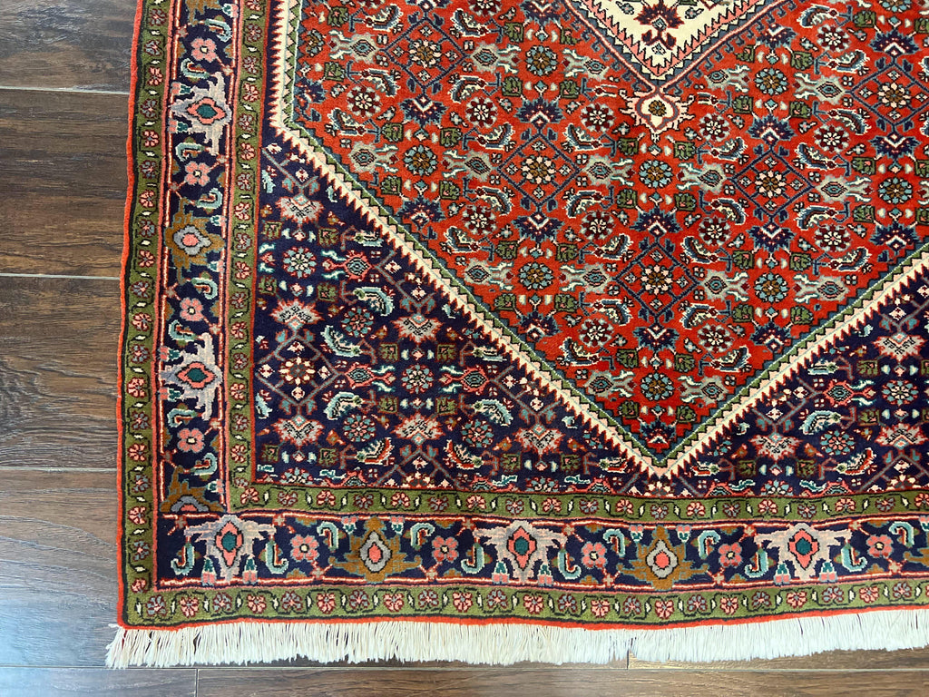 Persian Bidjar Rug 4x5, Finely Hand Knotted Vintage Carpet, Red and Navy Blue, Handmade Wool Rug, 180 KPSI
