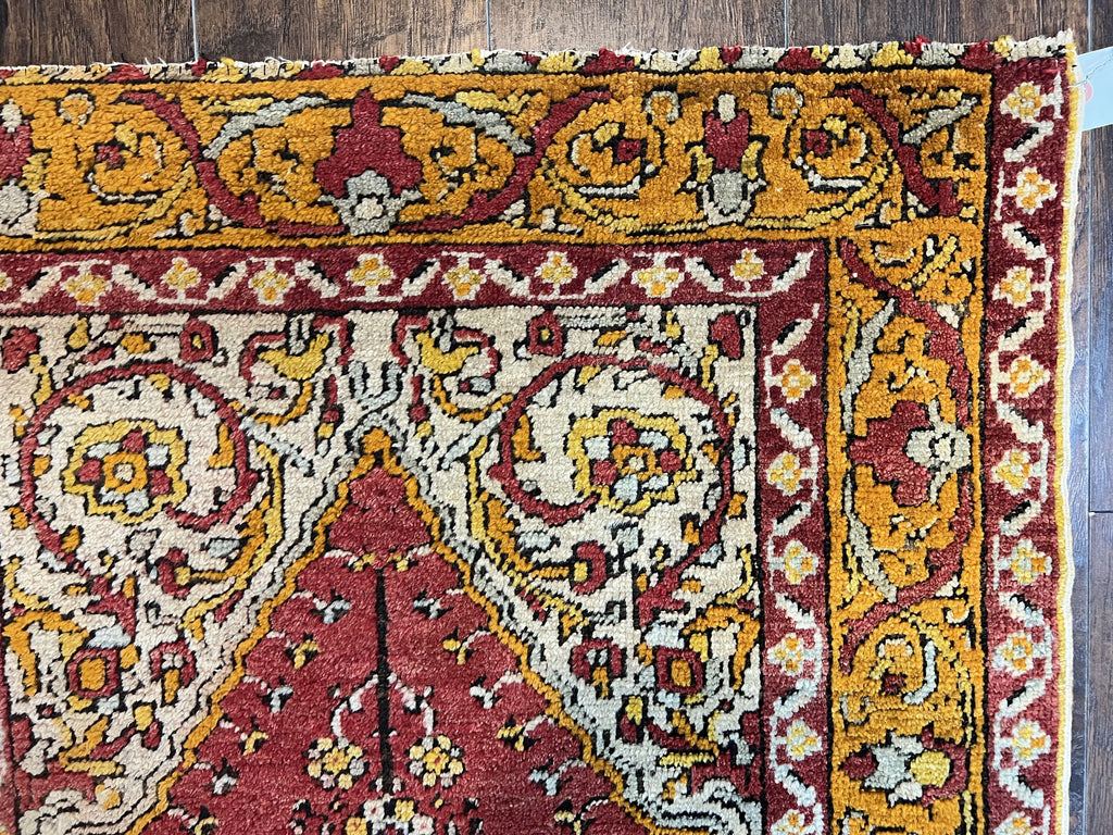 Antique Turkish Prayer Rug 3x5, Hand Knotted Turkish Melas Oushak Wool Carpet, Mehrab Rug, Orange & Red Vintage Rug 3 x 5 Collectible