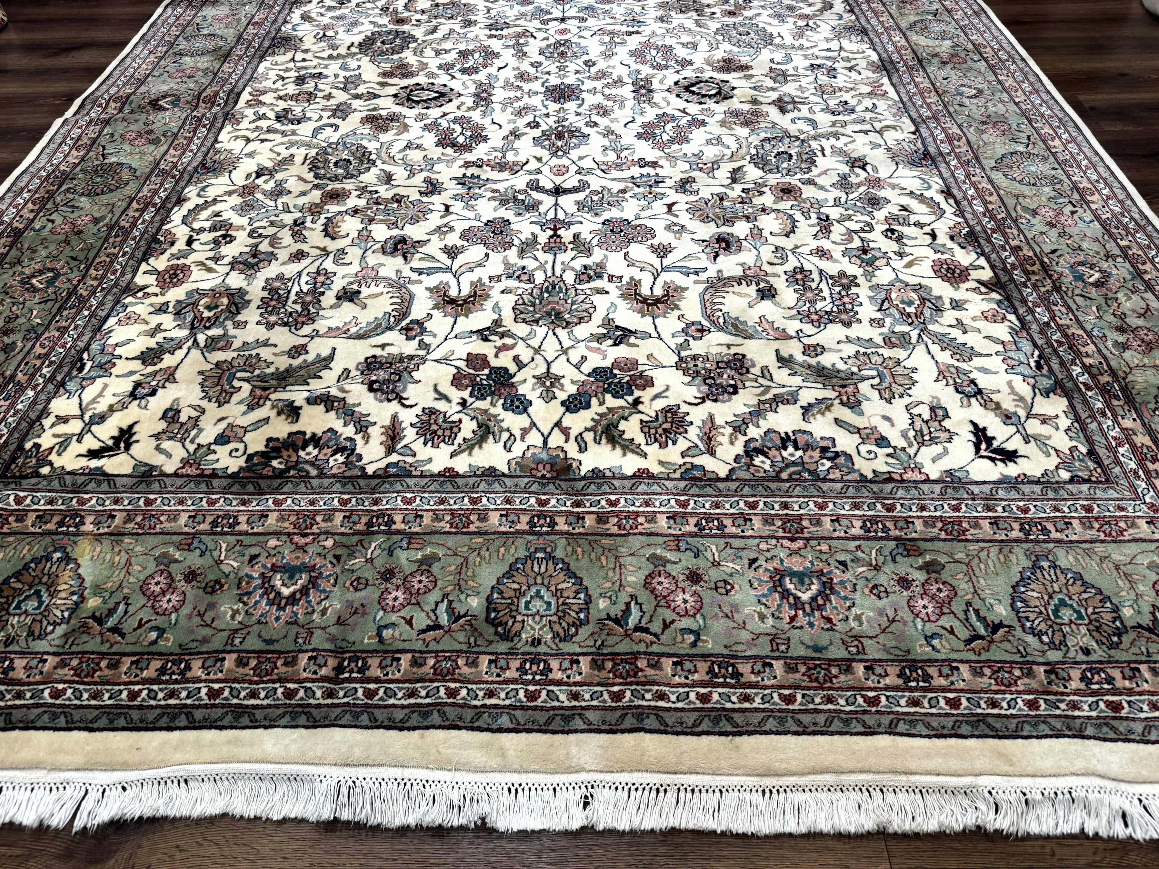Indo Persian Rug 9x12, Allover Floral Pattern, Ivory & Green, Traditional Oriental Carpet