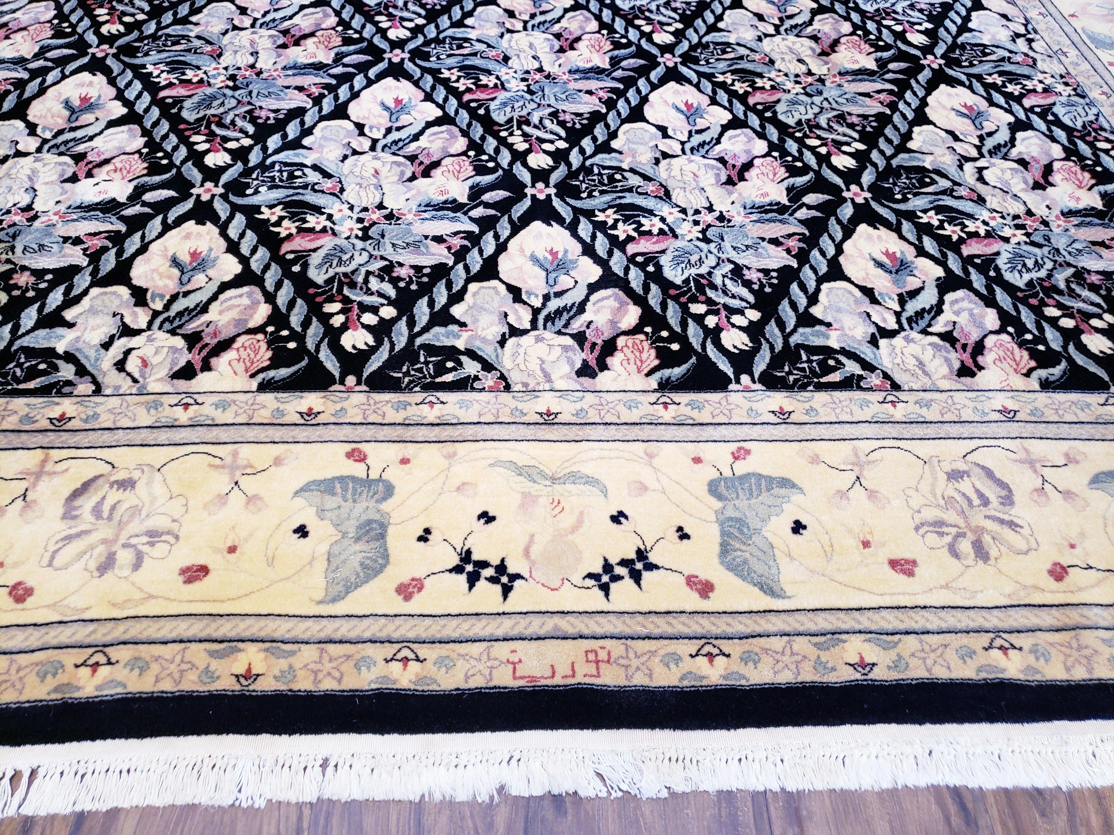 Sino-Persian Kirman Rug 9x12 Floral Handmade Wool Carpet Black & Ivory Vintage