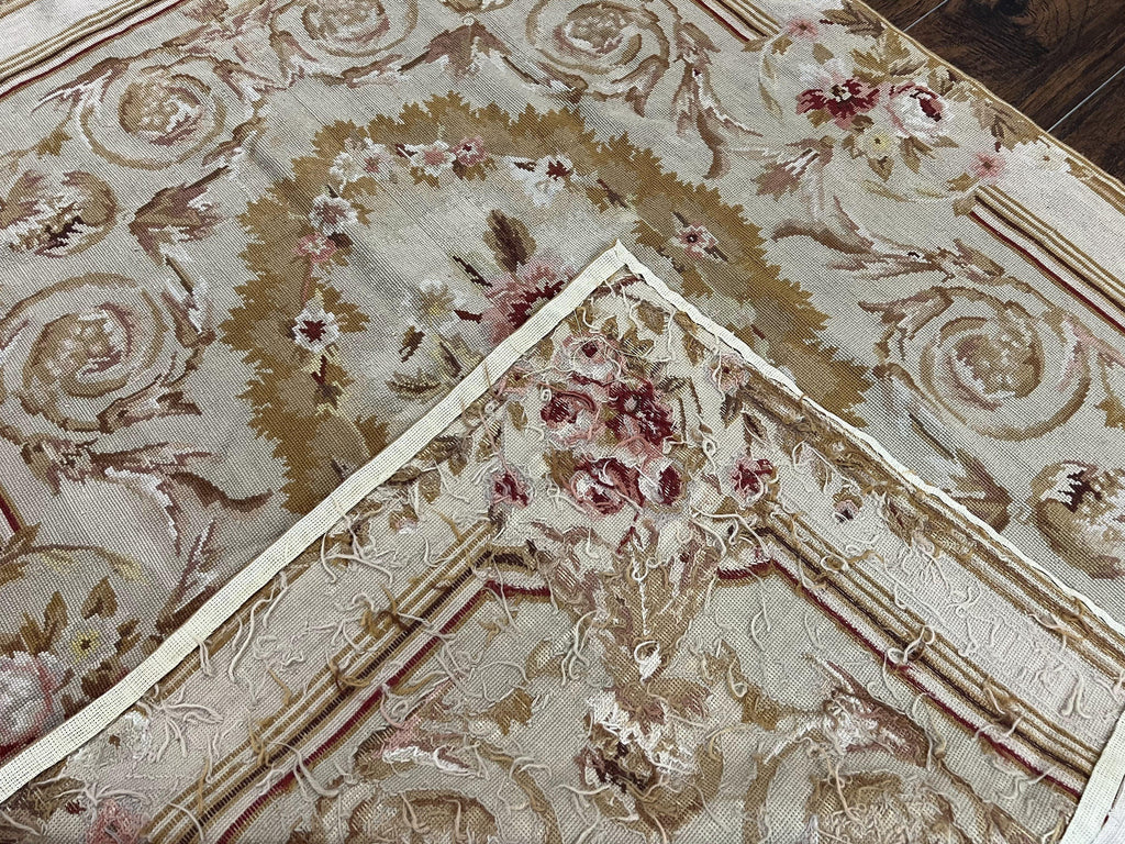 Aubusson Needlepoint Rug 4x5 ft, Beige and Tan, Aubusson Savonnerie Vintage Carpet, Handwoven Handmade Wool Rug, European Design Floral Rose
