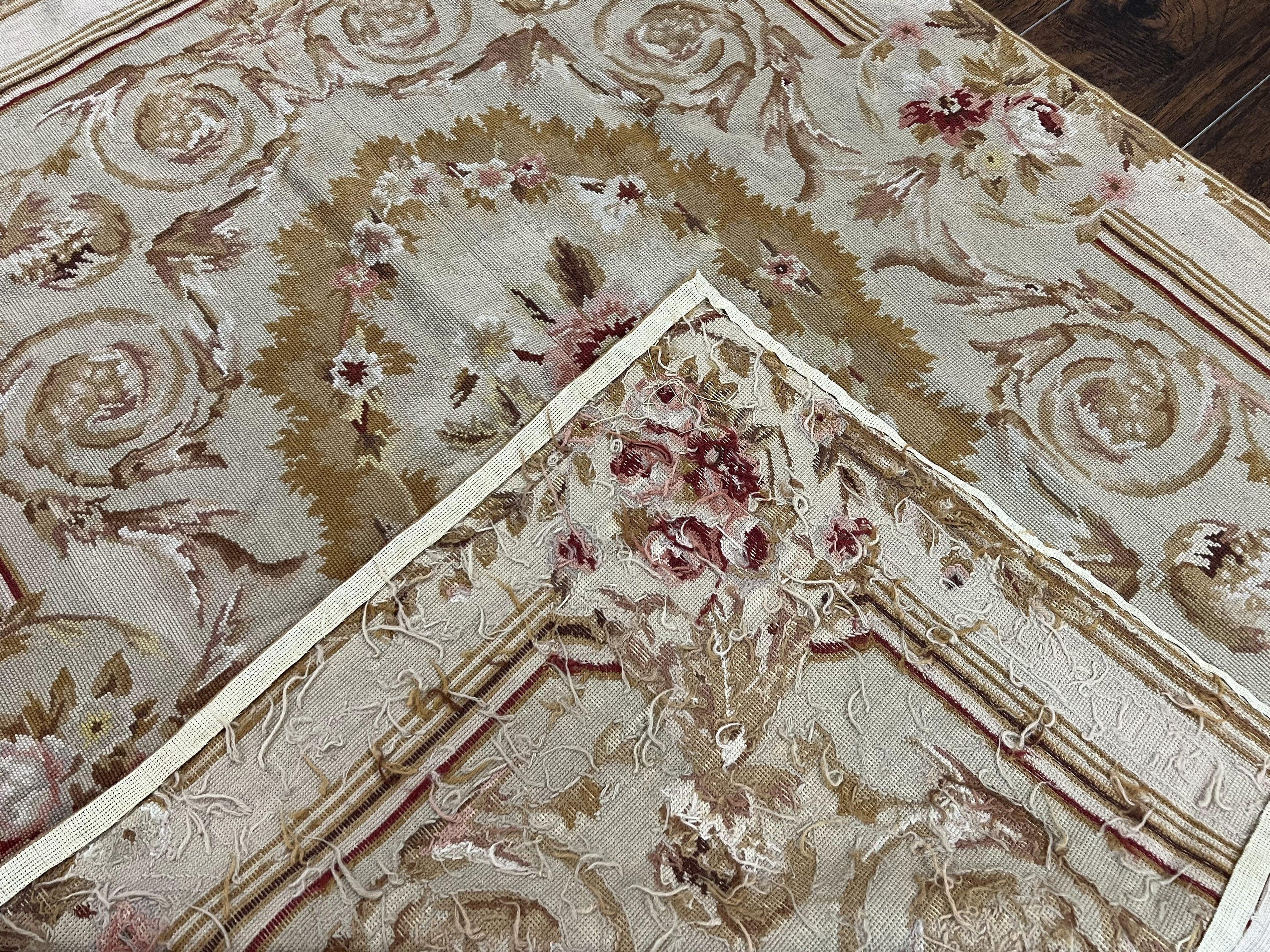 Aubusson Needlepoint Rug 4x5 ft, Beige and Tan, Aubusson Savonnerie Vintage Carpet, Handwoven Handmade Wool Rug, European Design Floral Rose