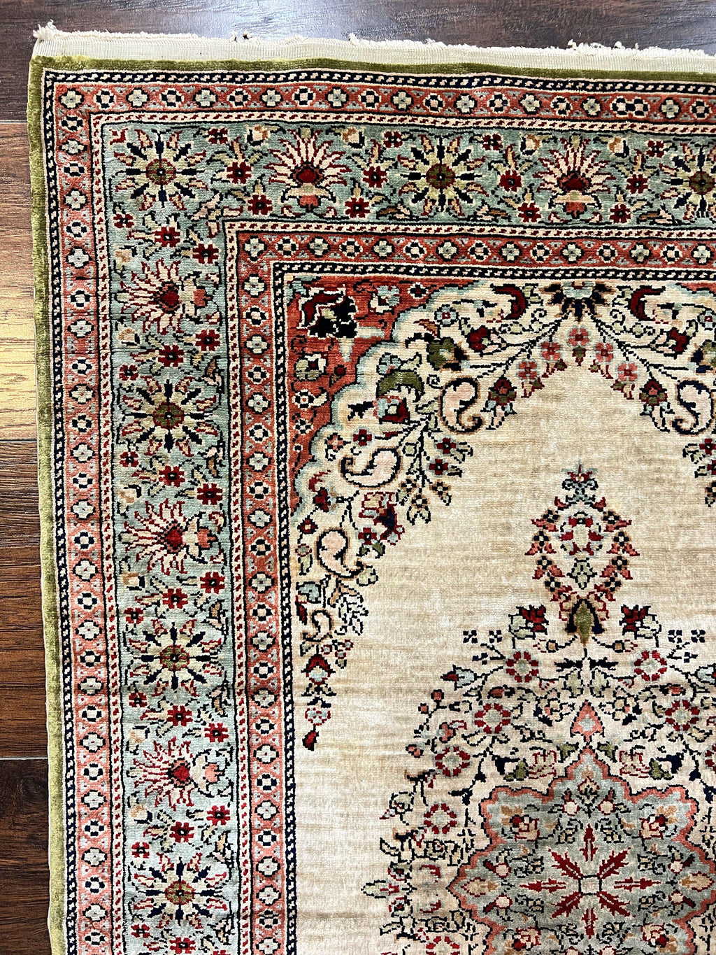 Silk Turkish Kayseri Rug 2x3, Very Finely Hand Knotted, Semi Open Field, Vintage, Silk Pile on Silk Foundation, 300 KPSI