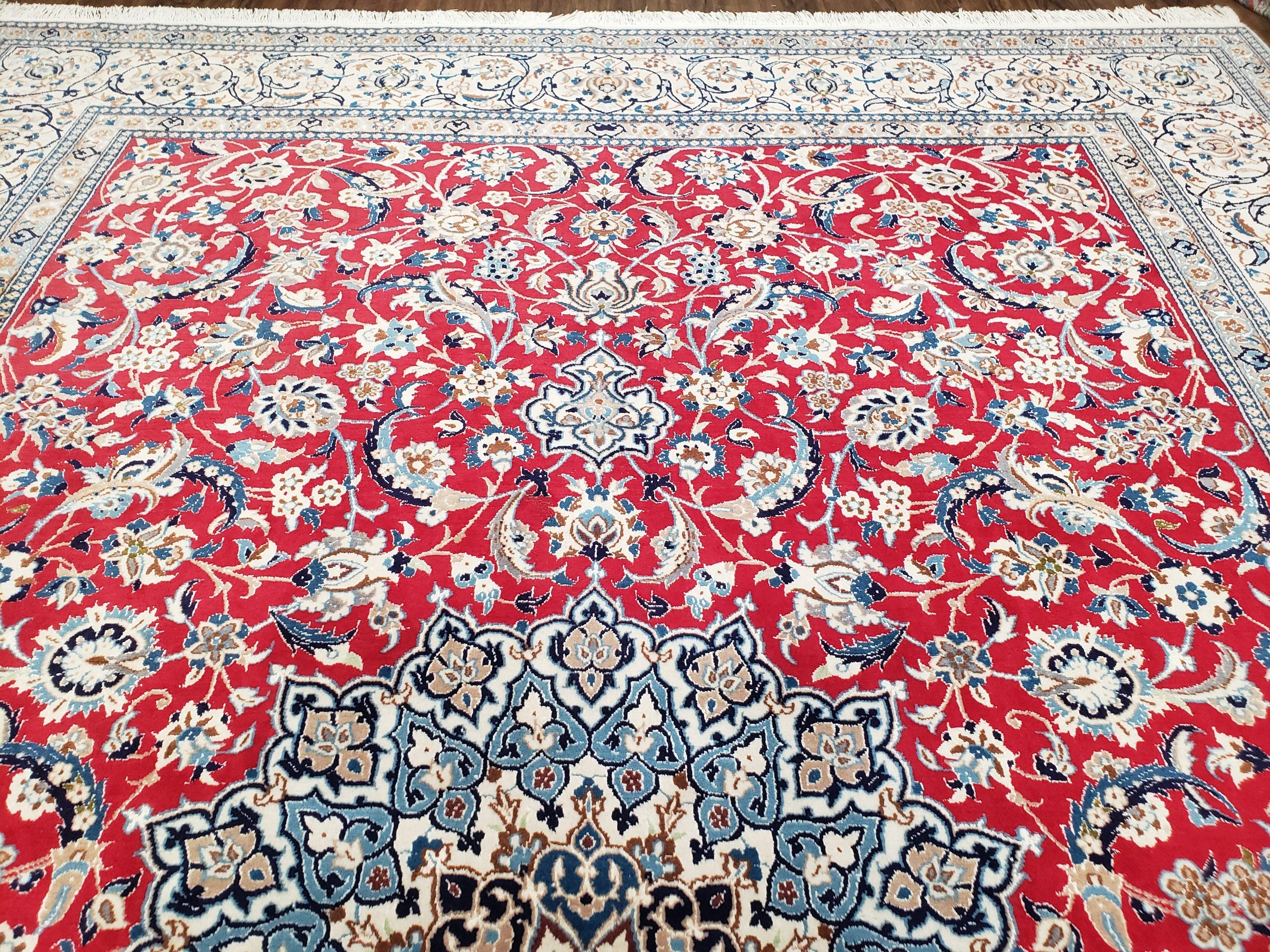 Persian Nain Rug 8x12, Red and Ivory, Signed
