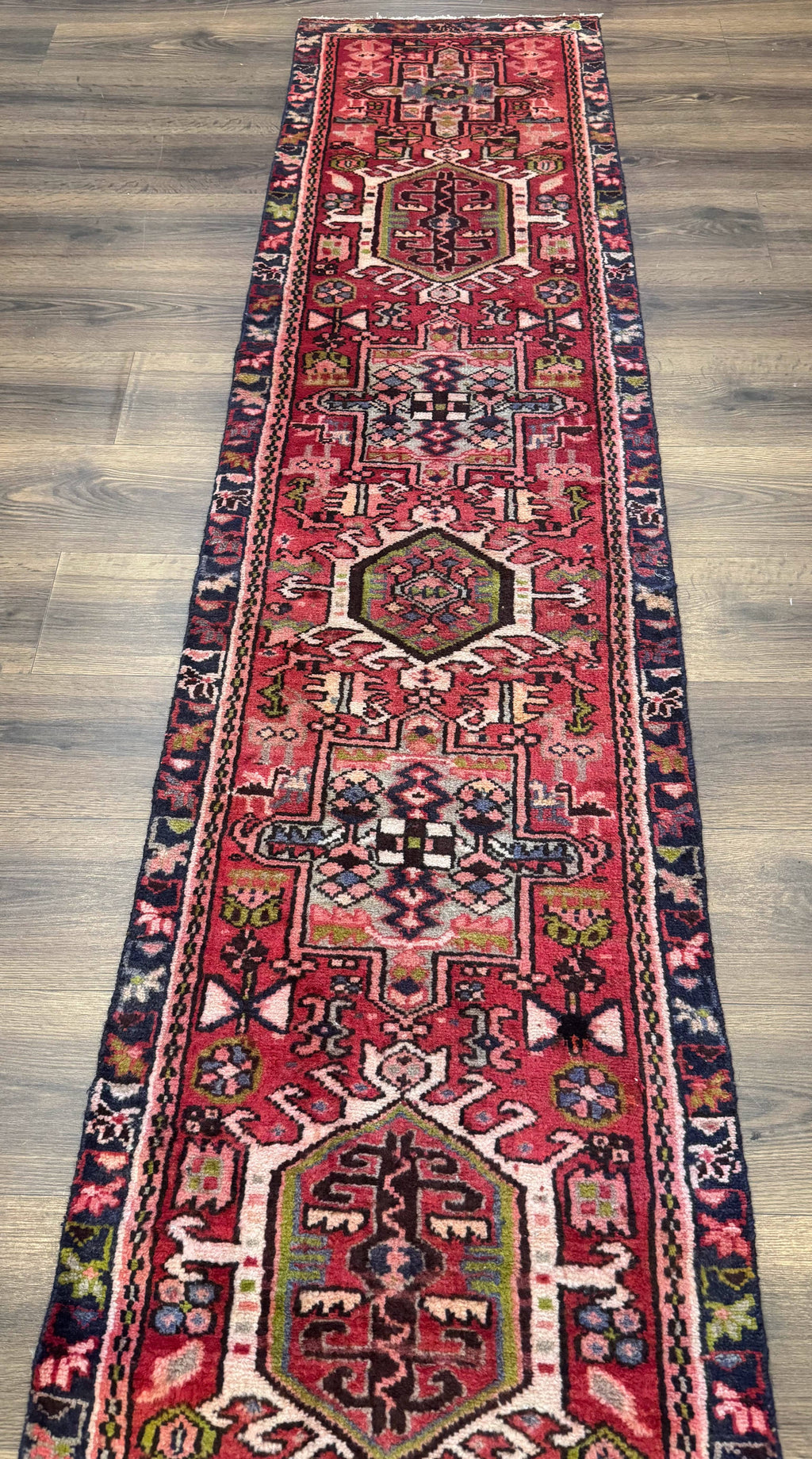 Persian Heriz Karajeh Runner Rug 2x9, Geometric Medallions, Red Navy Blue, 2 x 9 Rug for Hallway