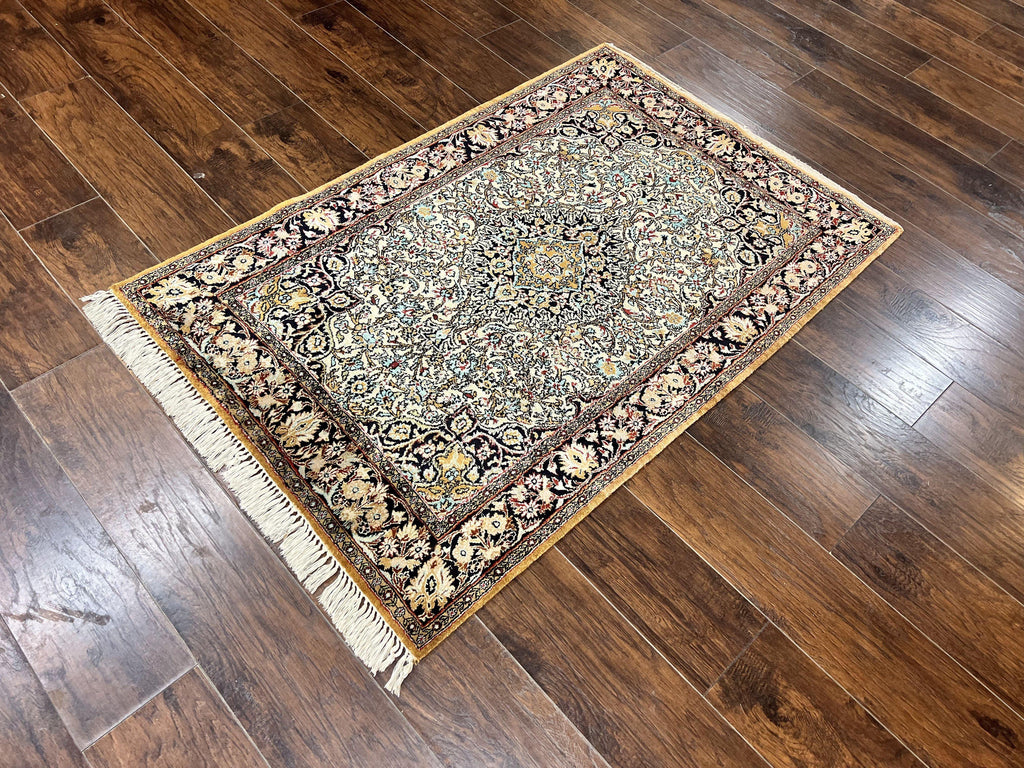 Silk Persian Qum Rug 4x5, Hand Knotted Vintage Carpet, Cream & Navy Blue, Silk Pile on Silk Foundation, Very Fine 360 KPSI