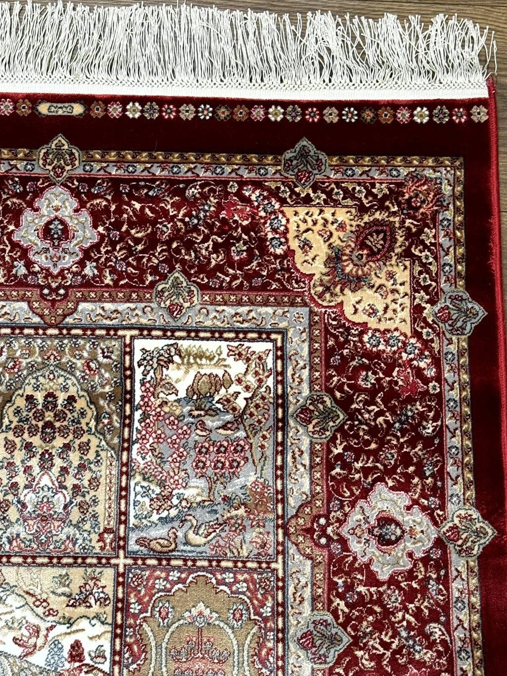Turkish Silk Runner Rug 2.6 x 11.6, Panel Design, Dark Red Ivory, Bamboo Silk, New