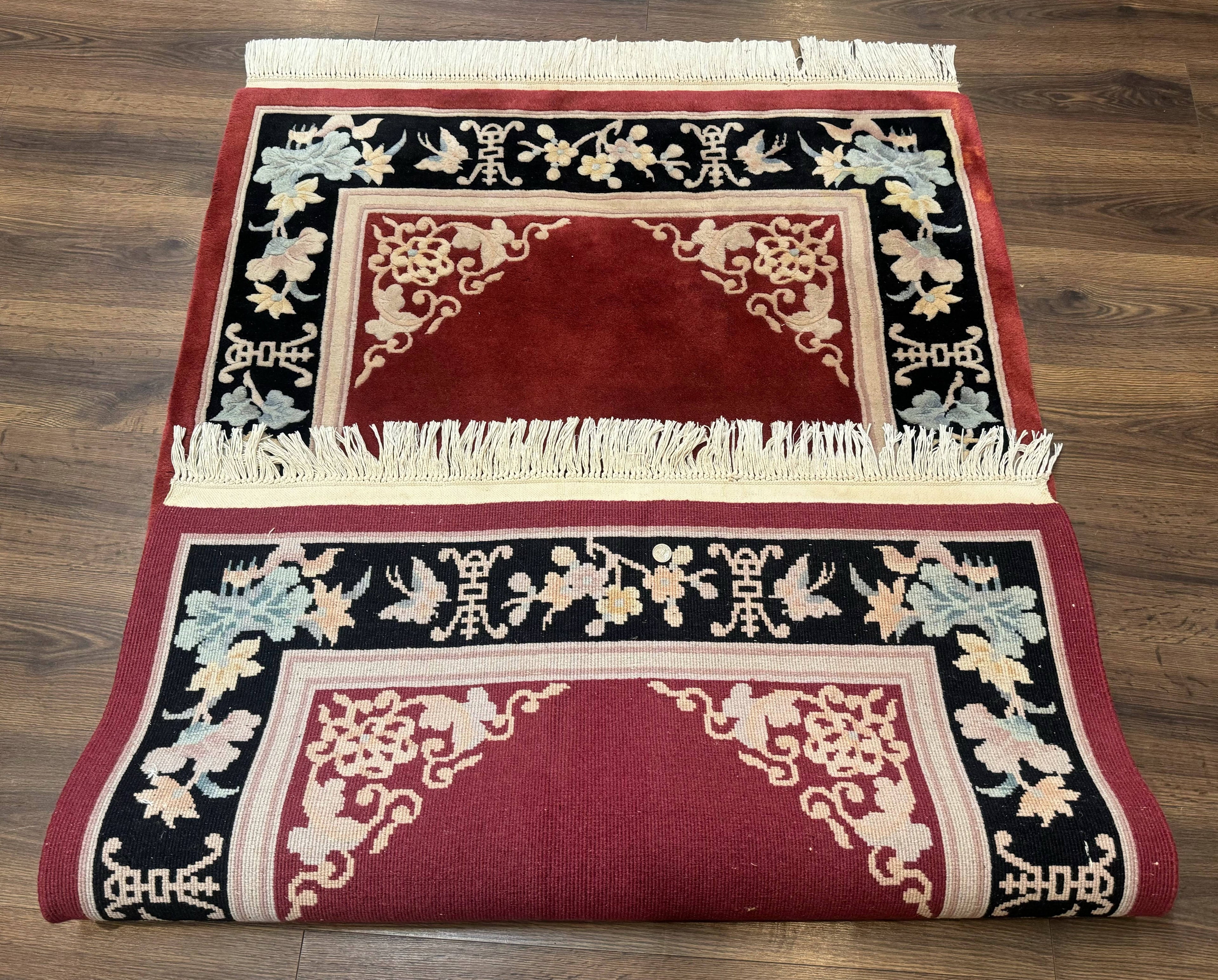 Dark Red Chinese Wool Rug 4x6, Chinese 90 Line Rug, Carving Rug, Handmade, Pair B