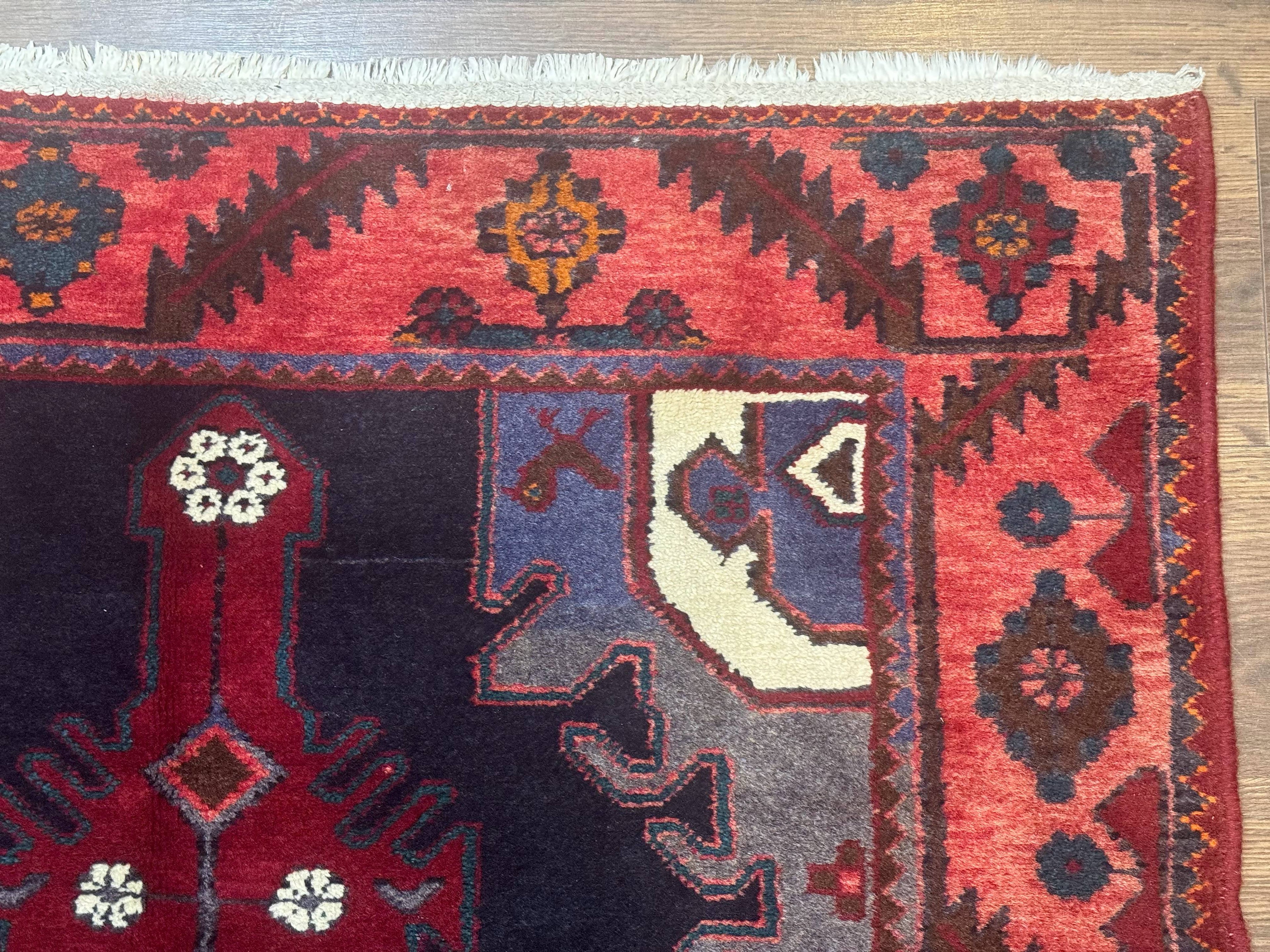 Persian Karajeh Runner Rug 3.6 x 9.5, Geometric Medallions, Tribal Village Rug, Navy Blue, Handmade
