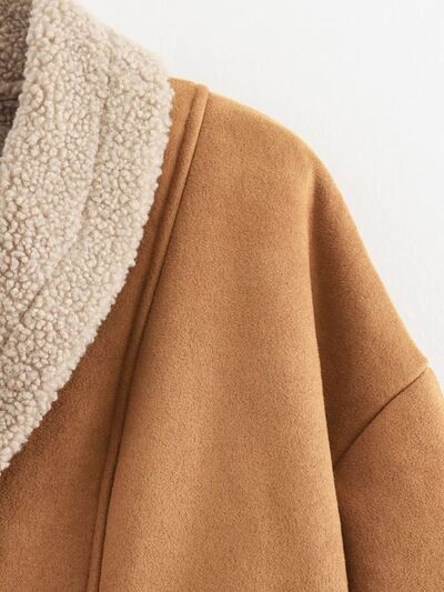 Fuzzy Collared Neck Long Sleeve Jacket with Buttoned Closure and Cozy Pockets