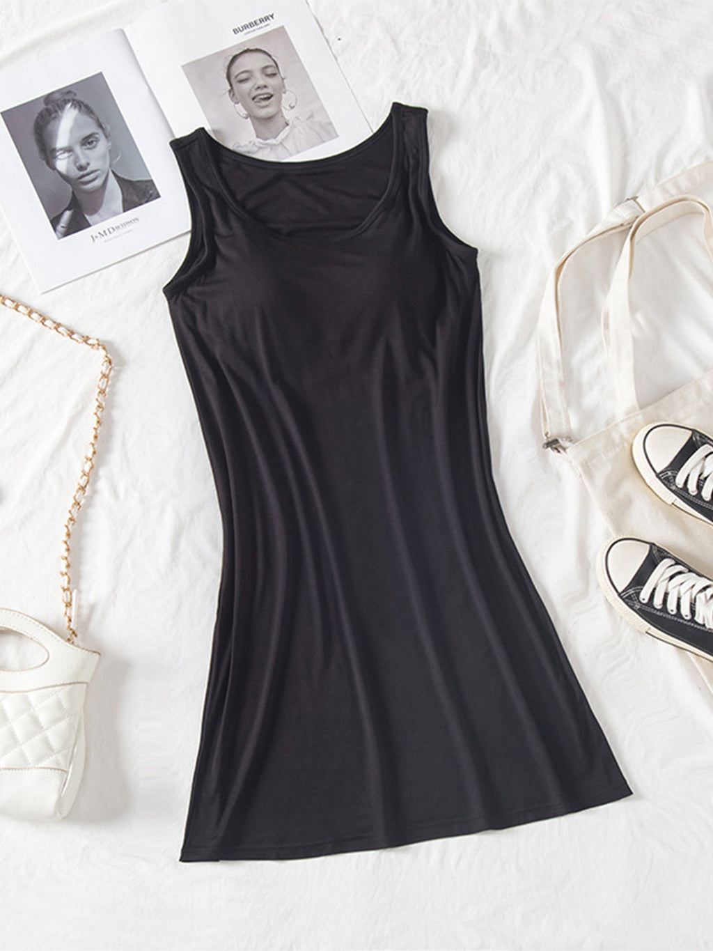 Classic Round Neck Wide Strap Mini Dress With Built-In Bra Comfortable Sleeveless Dress