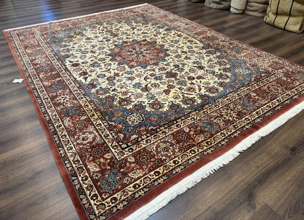 Persian Rug 8x10, Sino Persian Floral Medallion Carpet, Traditional Wool Area Rug, Cream and Brick Red, Fine 210 KPSI