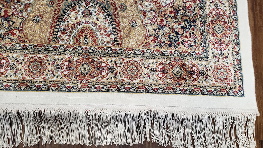 Persian Design Silk Accent Rug, Dome Medallion, Allover Pattern Oriental Carpet, Small Silk Rug, Cream, Ivory, Bamboo Silk, 2' 8" x 4' 1"