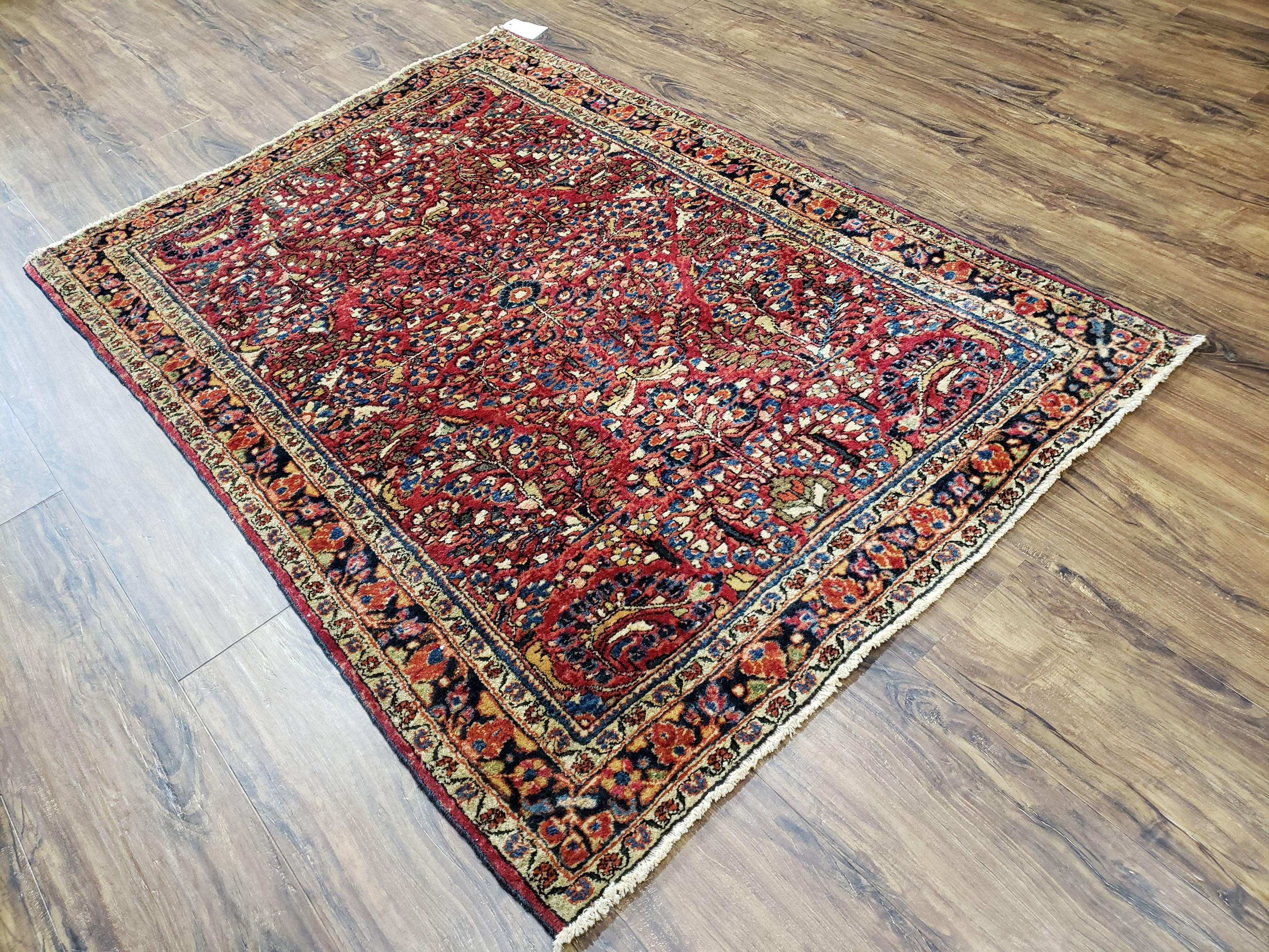 Antique Persian Sarouk Rug, Red, Allover Floral Pattern, Hand-Knotted, Wool, 3'4" x 4'10"