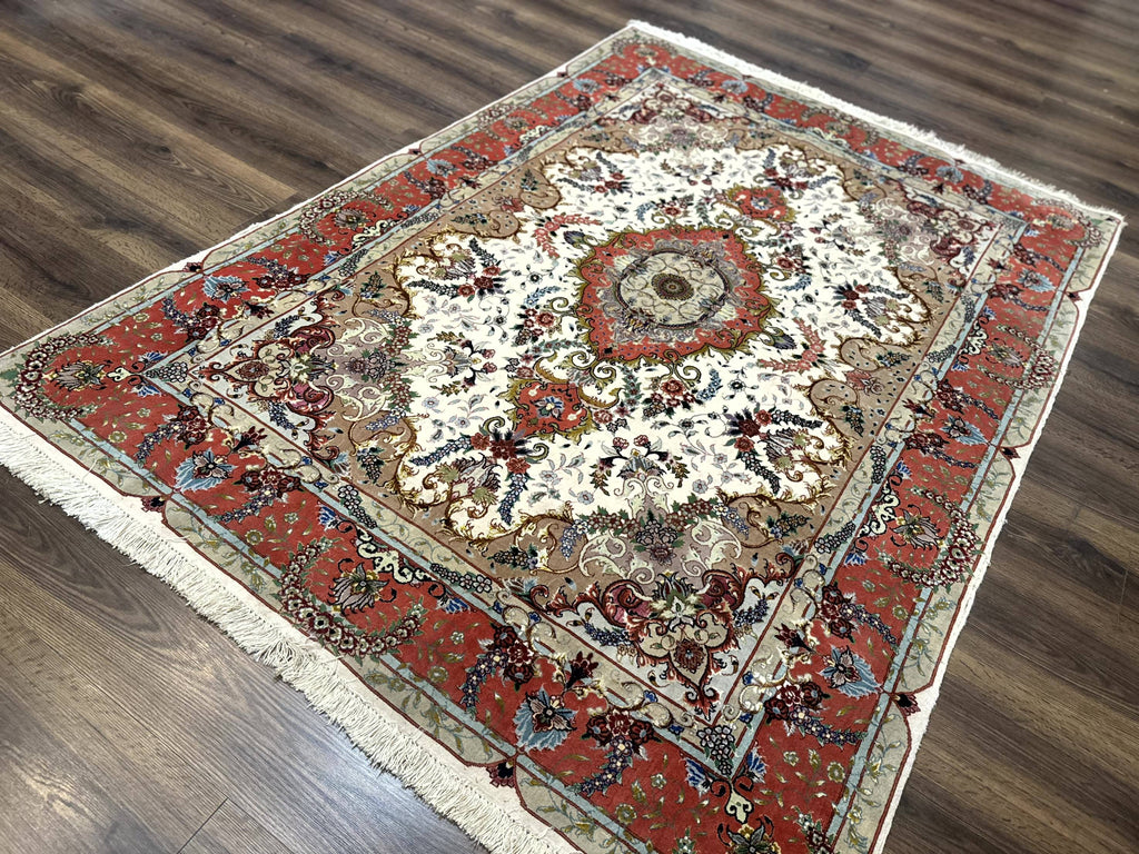 Wonderful Persian Tabriz Rug 5x7, Very Fine 440 KPSI, Ivory and Coral, Rare