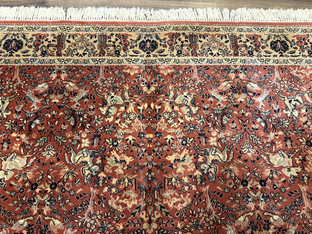 Persian Area Rug 8 x 11.6, Wool, Royal Hunting Scene, Vintage Couristan Rug, Red, Allover Pattern, Belgium Power Loomed