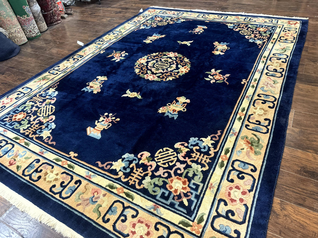 Chinese Wool Rug 8x11, Navy Blue and Beige, Simple Design, Fete Carpet
