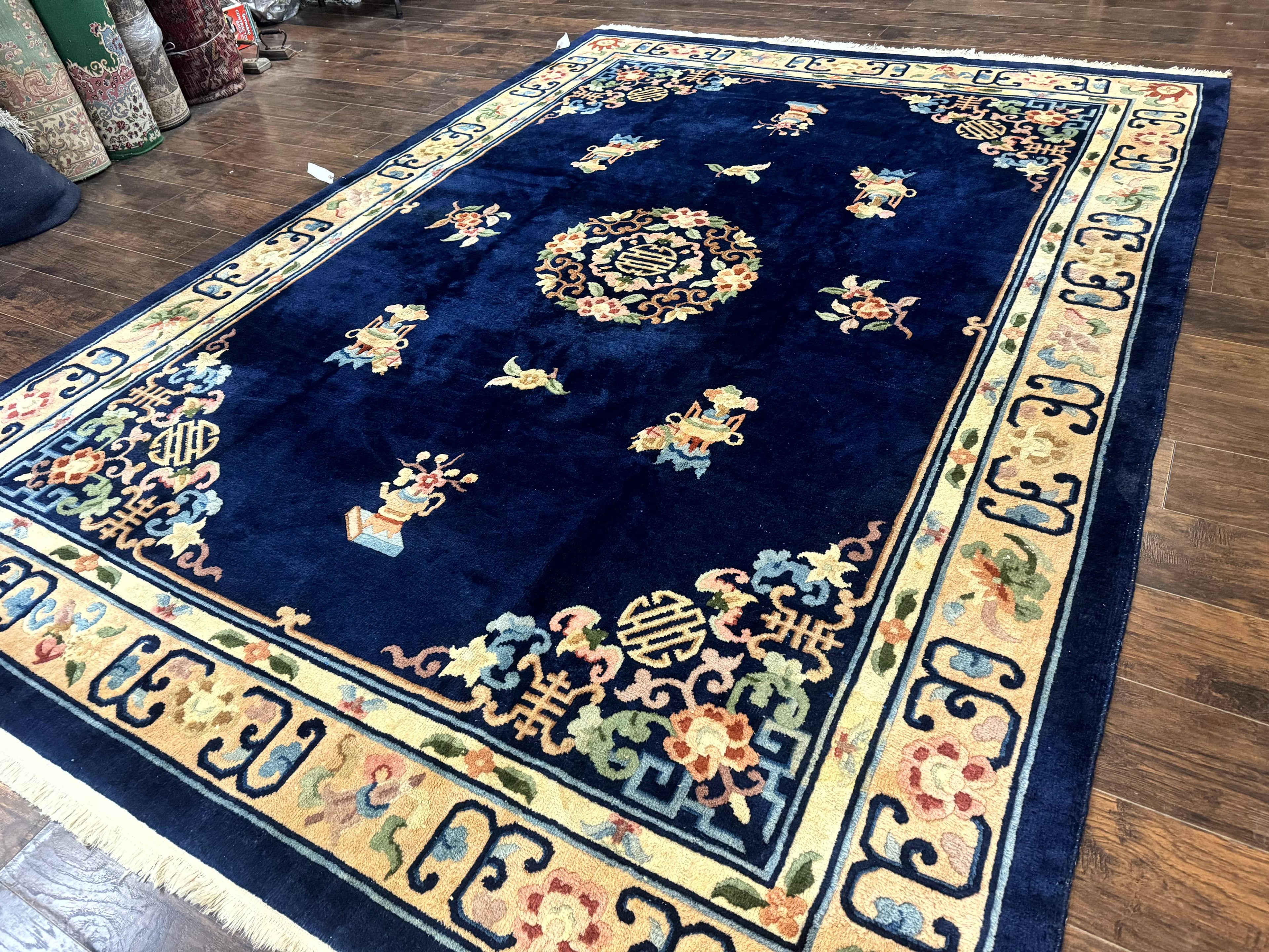 Chinese Wool Rug 8x11, Navy Blue and Beige, Simple Design, Fete Carpet
