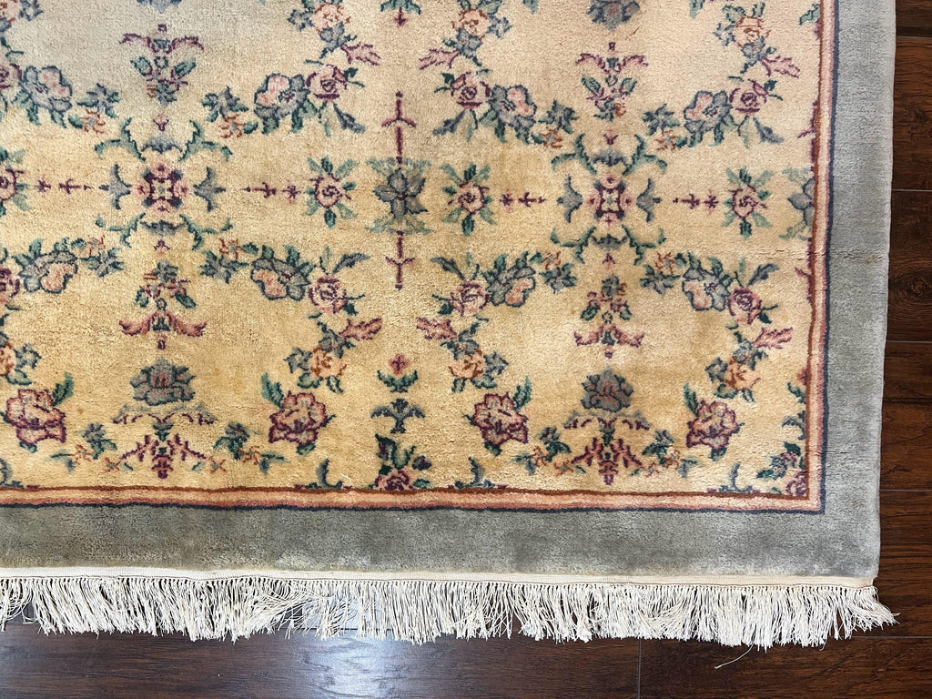 Sino Persian Rug 8x10, Floral, Oatmeal and Light Teal, Handmade Wool Vintage Carpet