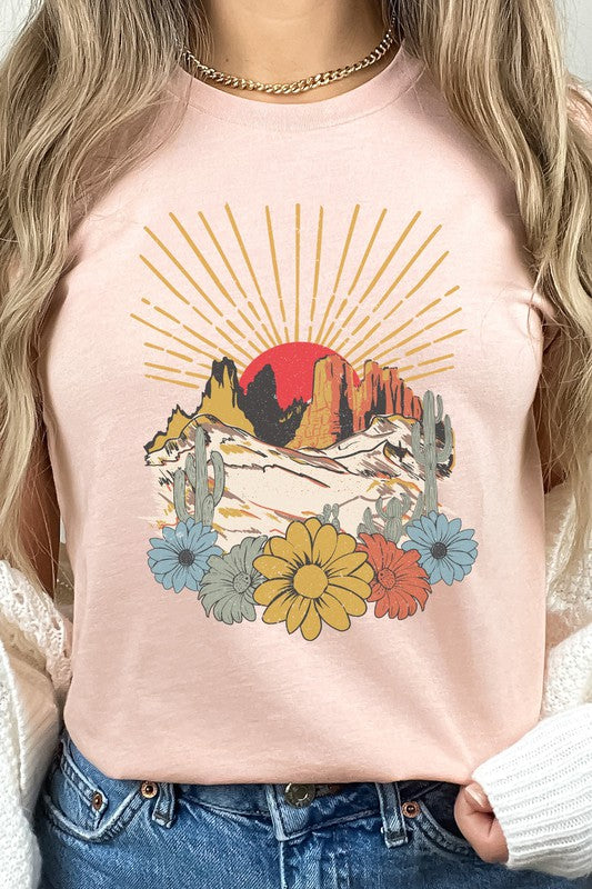 Desert Sunset Arches Floral Cacti Boho Graphic Tee T-Shirt