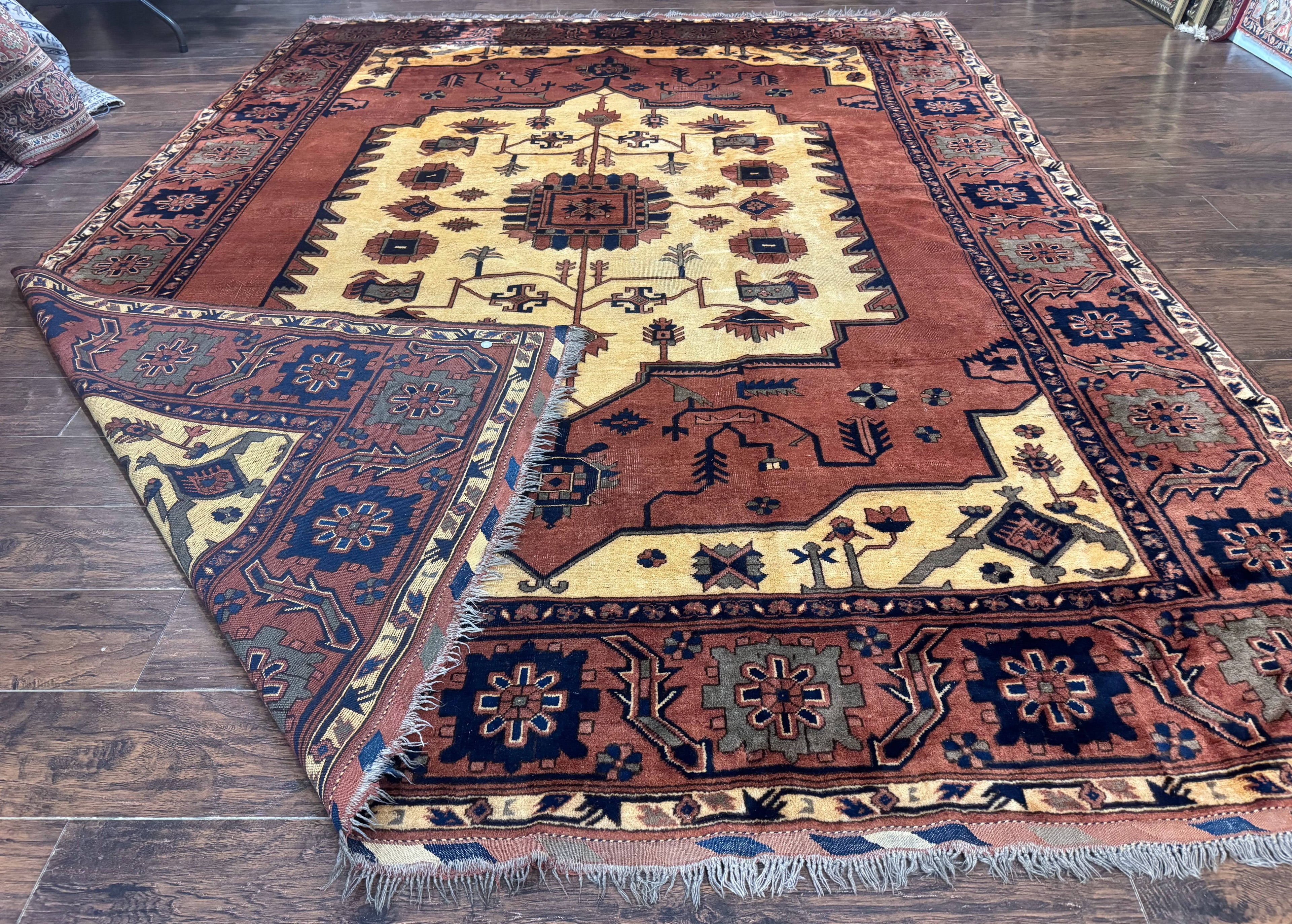 Afghan Heriz Rug 9x12, Tribal Geometric Serapi Carpet, Rust Cream and Navy, Wool on Wool