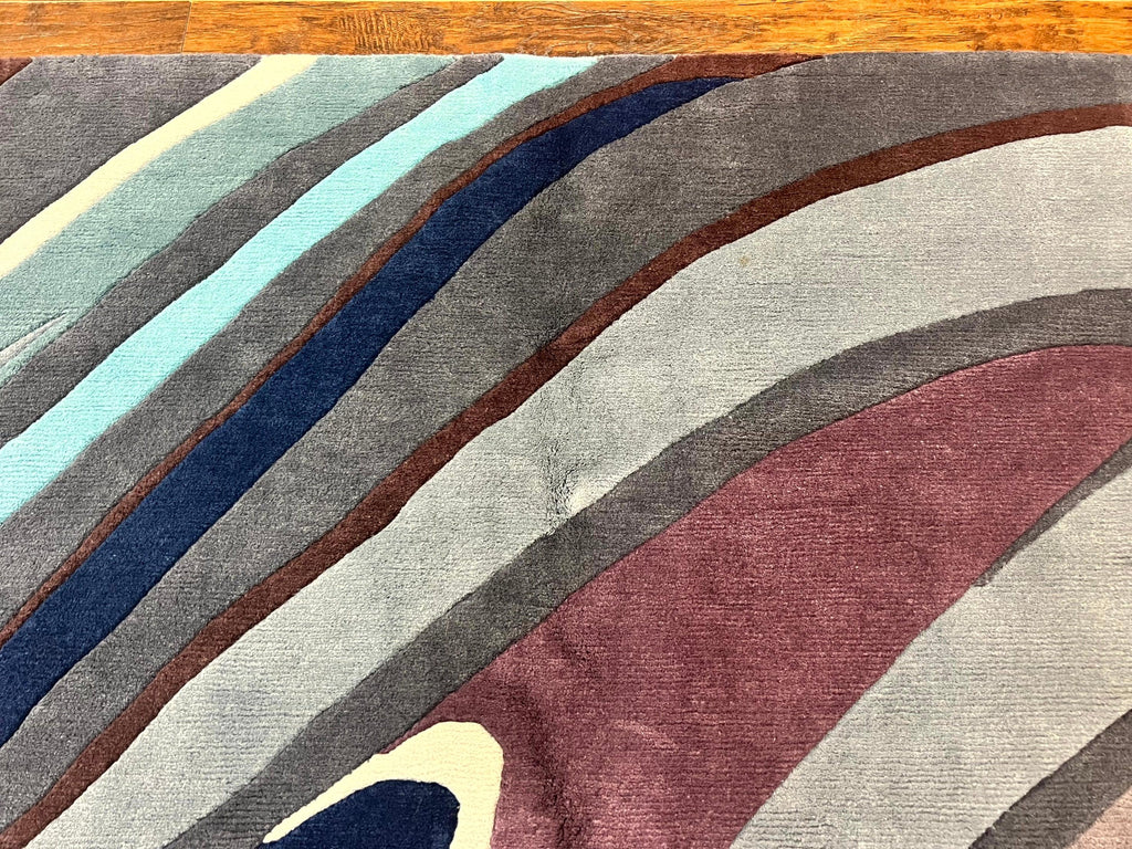 Modern Nepali Handmade Wool Rug 6x8, Blues Gray Mauve, Abstract, Nepali Tibetan Rug