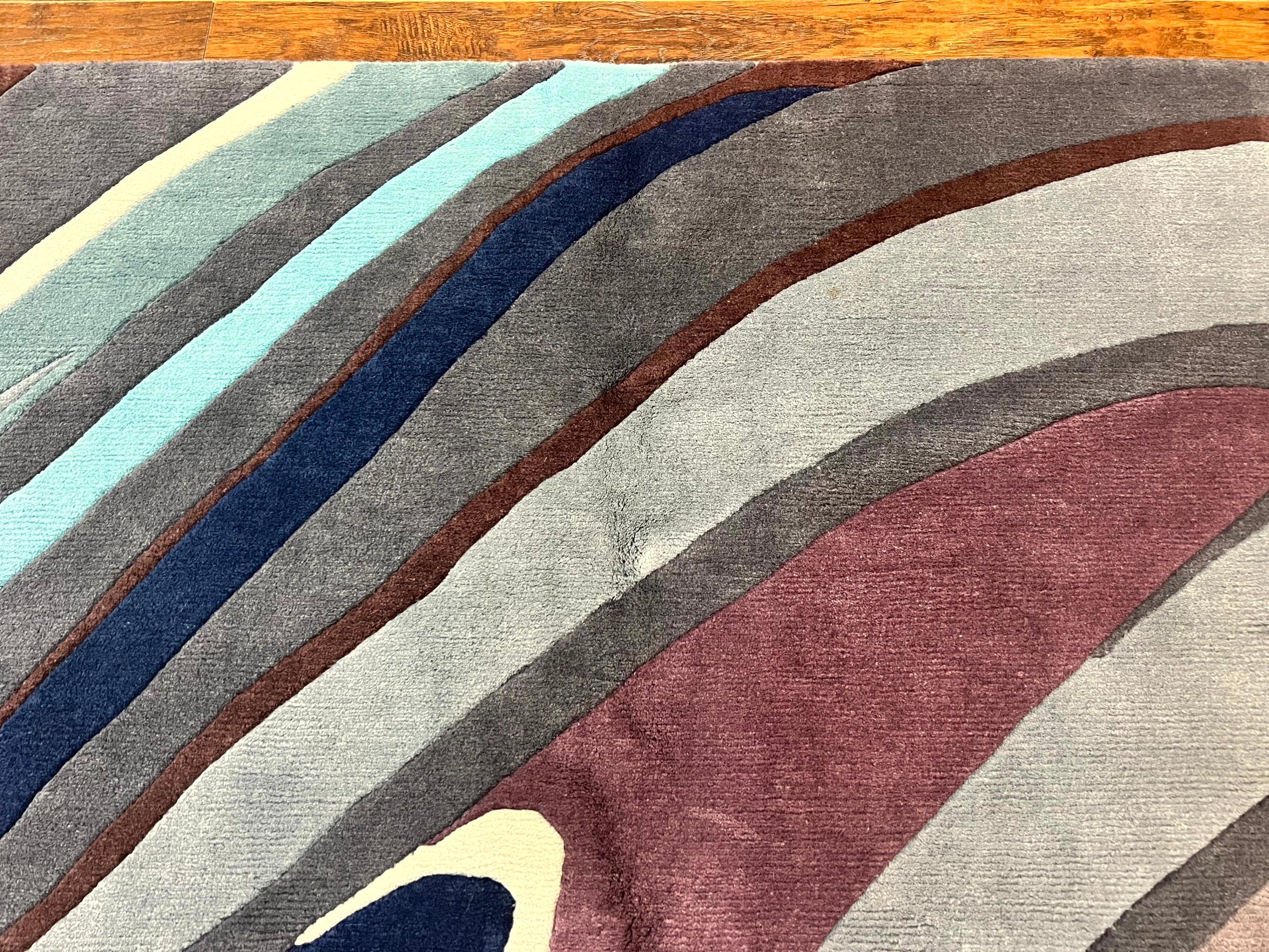 Modern Nepali Handmade Wool Rug 6x8, Blues Gray Mauve, Abstract, Nepali Tibetan Rug