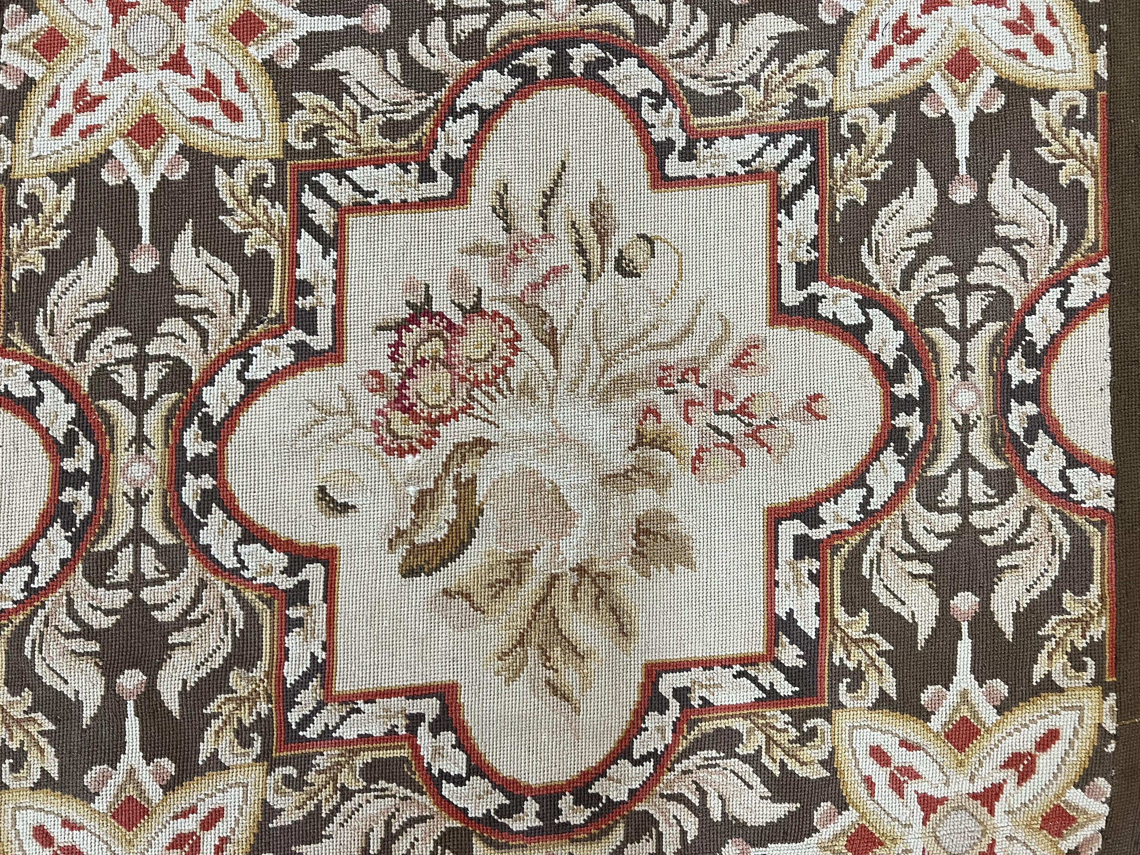 Needlepoint Runner Rug 2.8 x 9.8, Brown and Beige, Handwoven Handmade Floral French European Design, Vintage Flatweave 10ft Wool Runner Rug