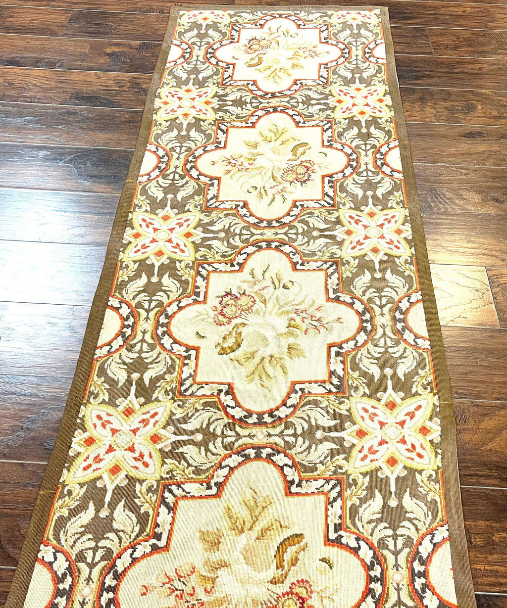 Needlepoint Runner Rug 2.8 x 9.8, Brown and Beige, Handwoven Handmade Floral French European Design, Vintage Flatweave 10ft Wool Runner Rug