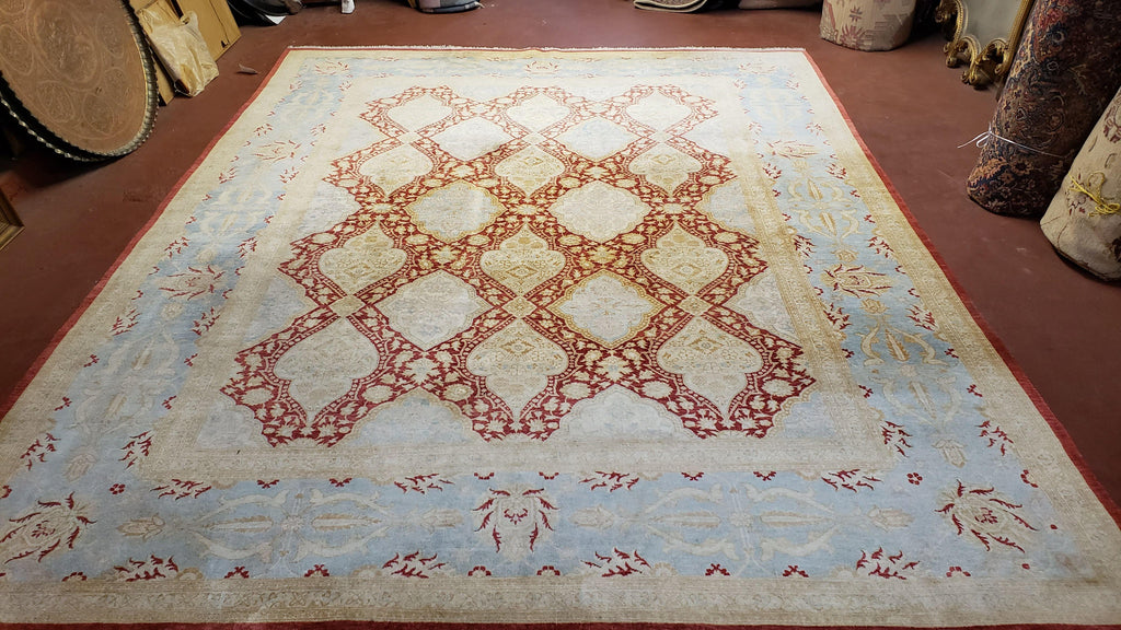9x12 Peshawar Rug Pakistani Oriental Carpet Sky Blue and Red Wool Vintage Master Bedroom Rug Hand-Knotted Living Room Rug Dining Room Rug