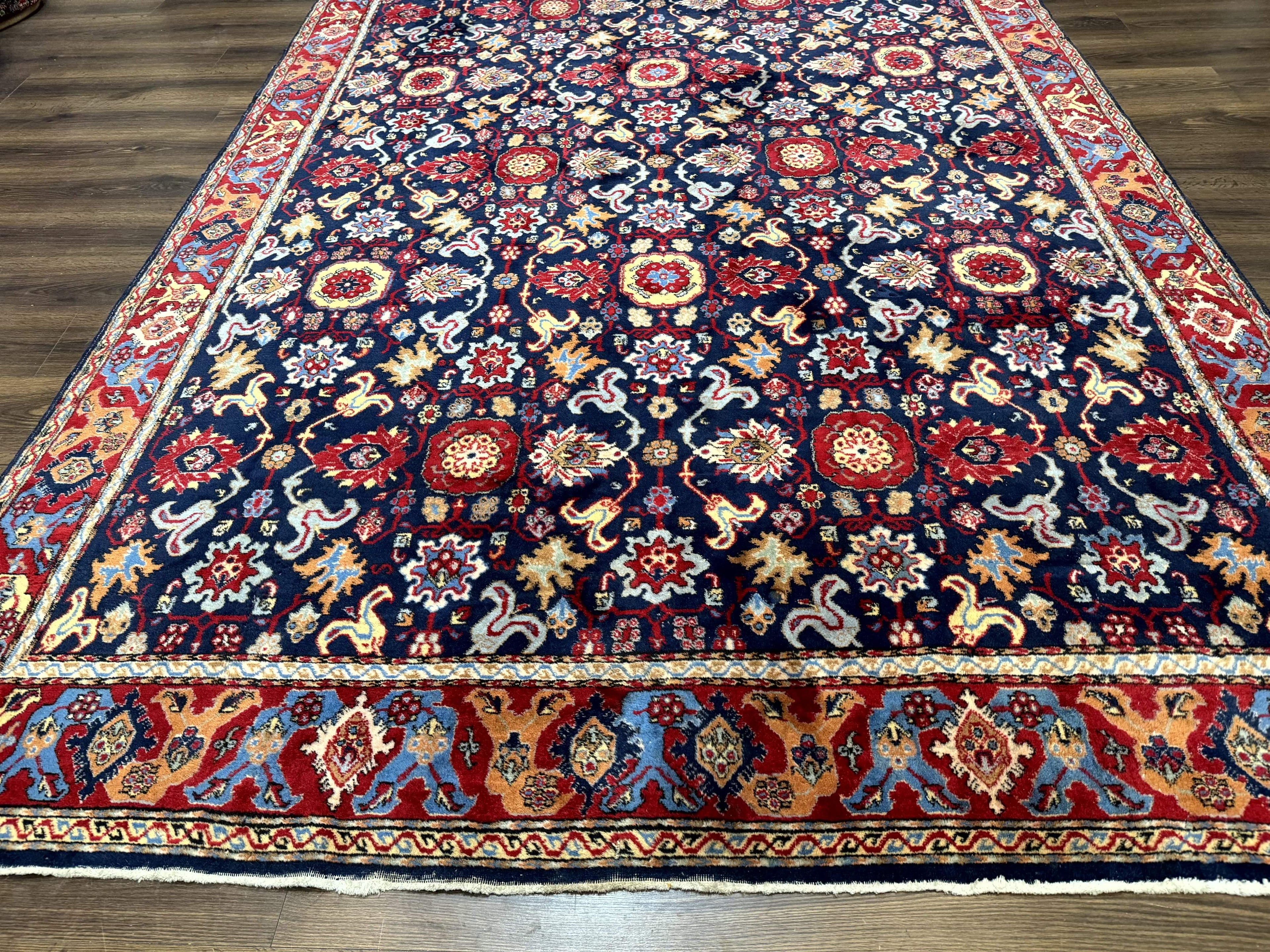 Persian Sarouk Mahal Rug 7x11, Navy Blue Multicolor Colorful Persian Carpet, Mina Khani Allover Pattern, Vintage Persian Rug