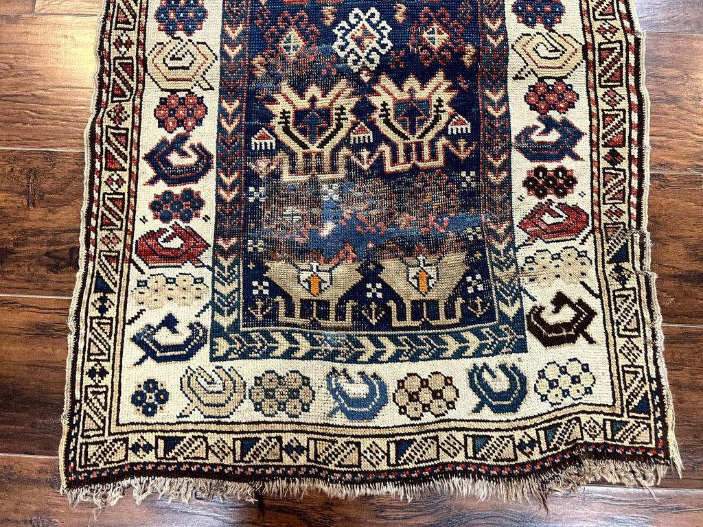 Antique Caucasian Kazak Rug 2.5 x 4, Navy Blue and Ivory, Hand Knotted Handmade Wool Rug