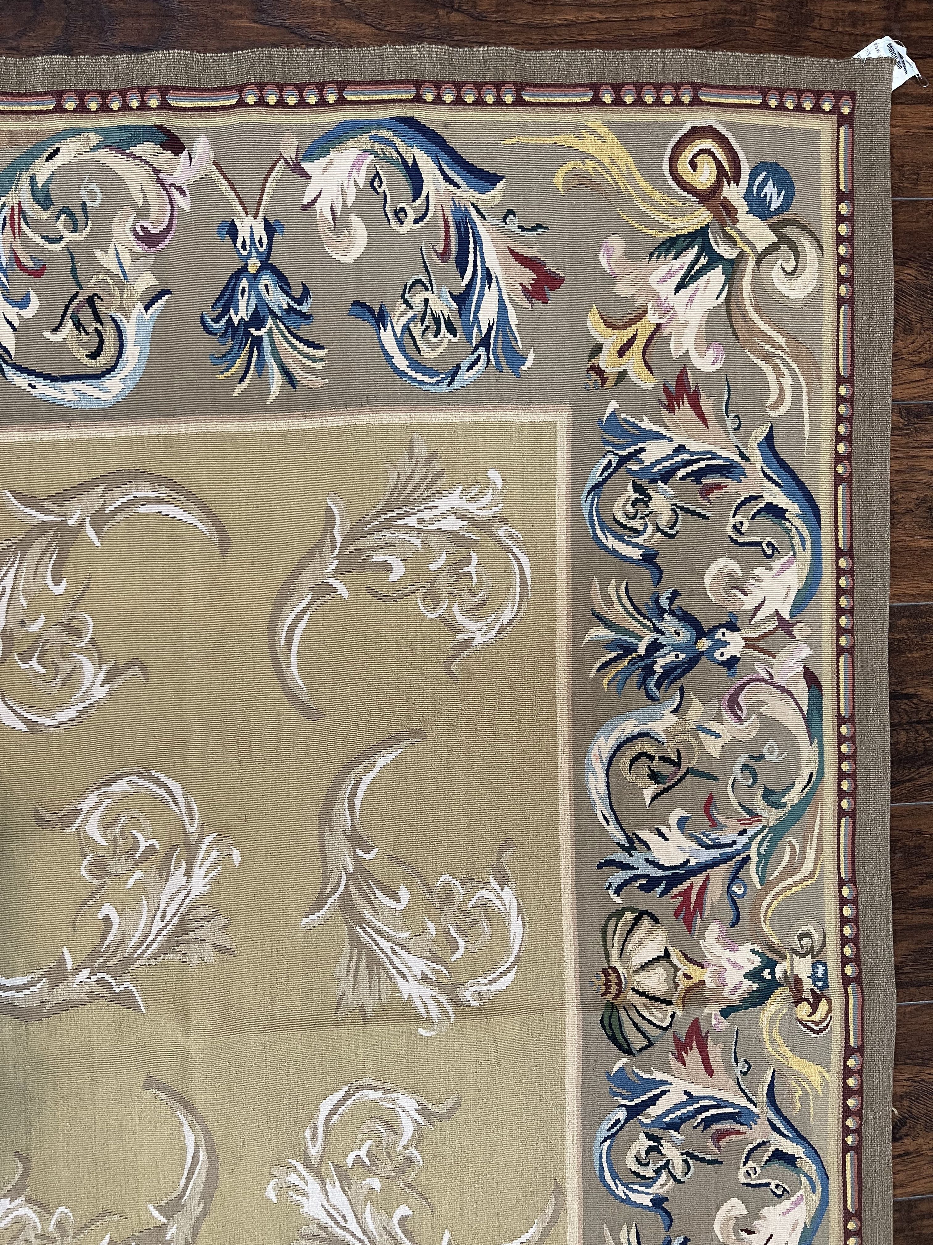 Vintage Aubusson Flatweave Area Rug 9x12, Aubusson Weave, Wool, Beige, Handmade, French European Design, 8'9" x 11'9"