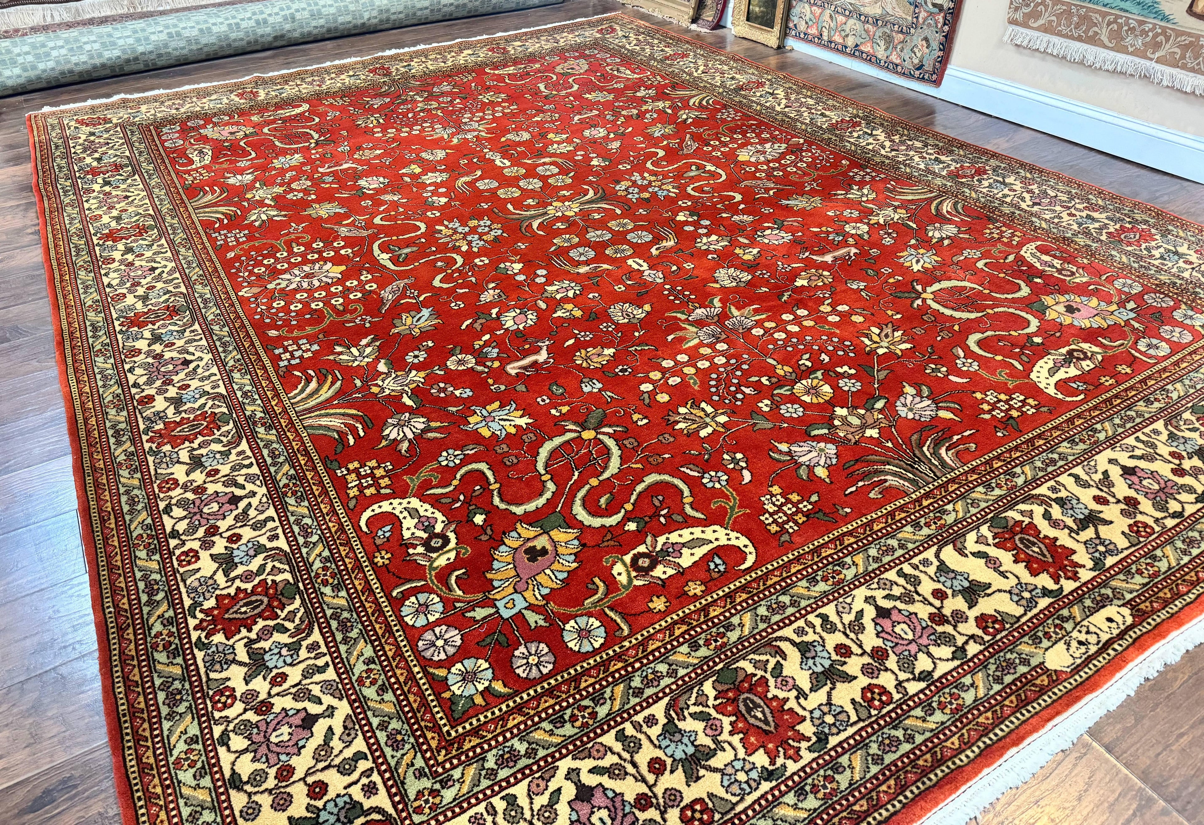 Romanian Rug 10x13, Vintage Handmade Wool Carpet, Floral Pattern, Birds, Red and Cream, Signed By Masterweaver, Persian Rug