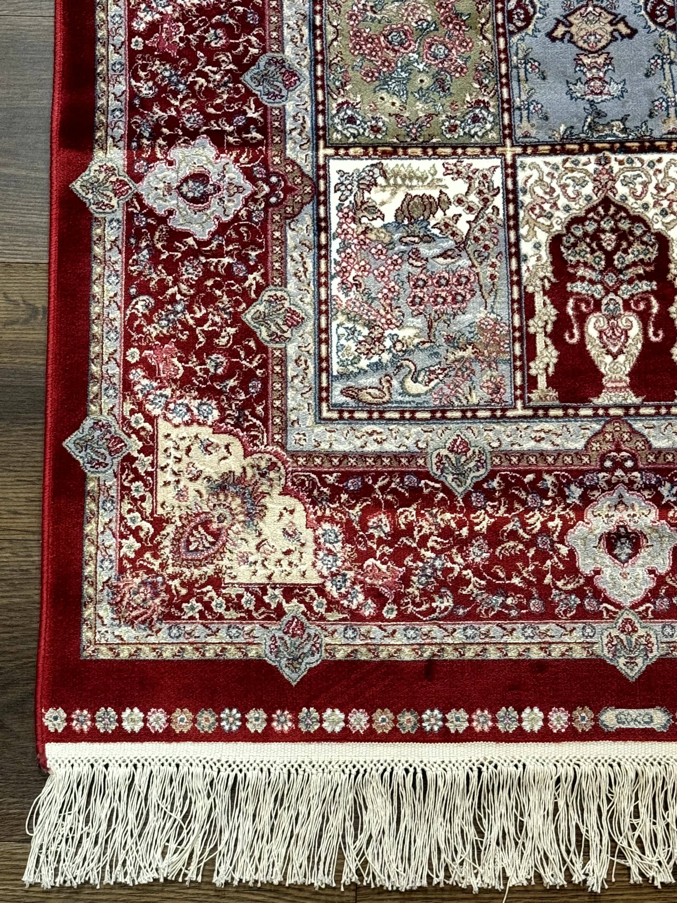 Turkish Silk Runner Rug 2.6 x 11.6, Panel Design, Dark Red Ivory, Bamboo Silk, New