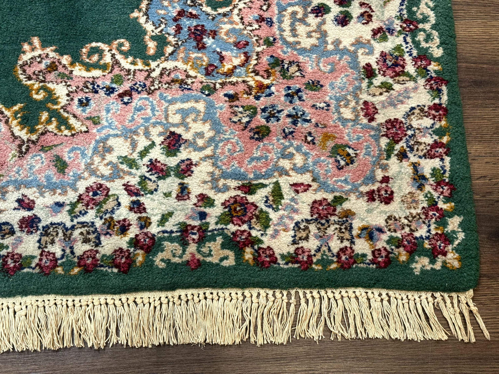 Persian Kerman Rug 4x6, Green Ivory Pink, Wool Vintage, Semi Open Field