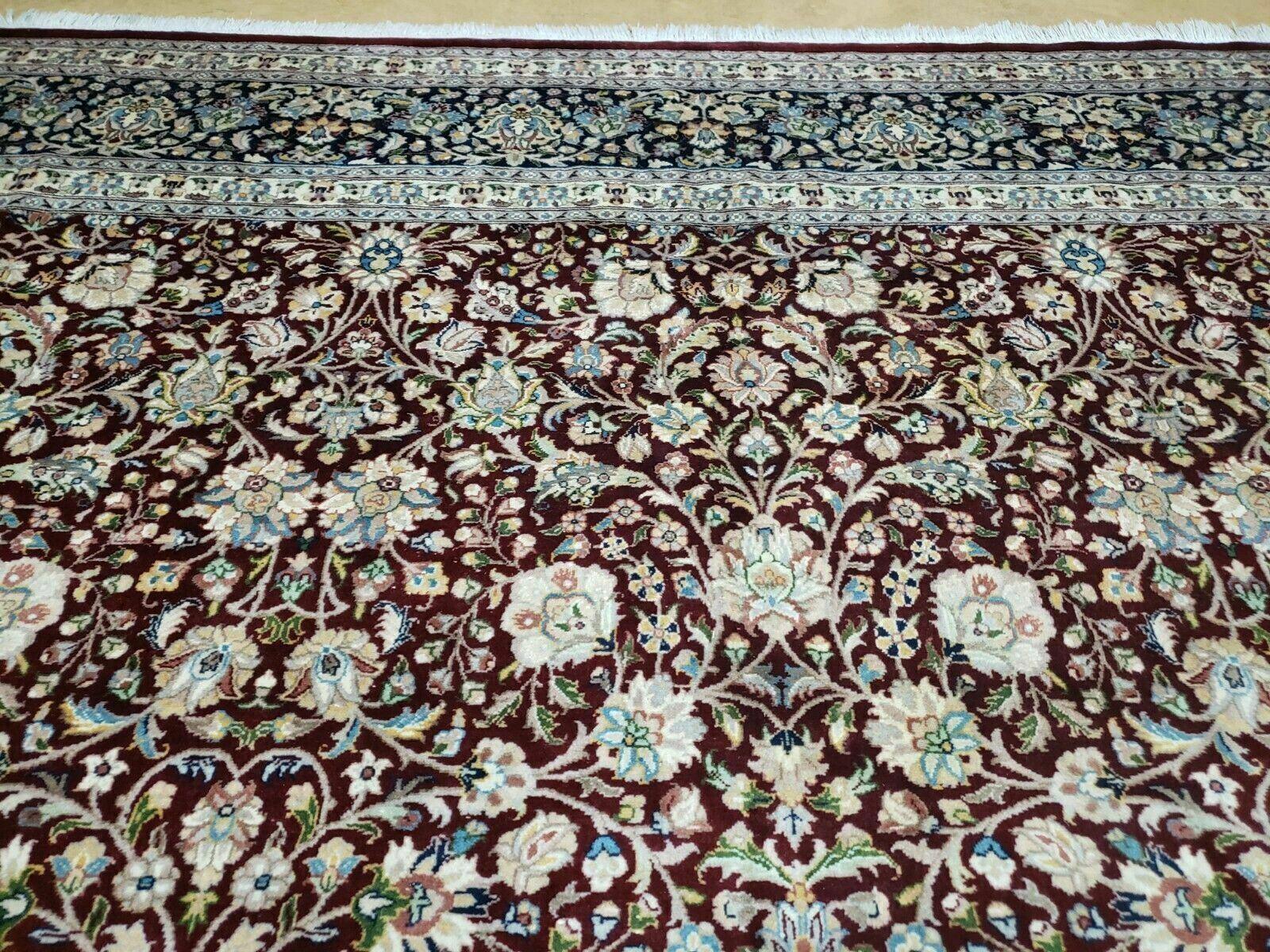 Persian Rug 9x12, Floral Allover, Very Fine, Handmade, Room Sized Oriental Carpet, Sino Persian, Maroon and Navy Blue