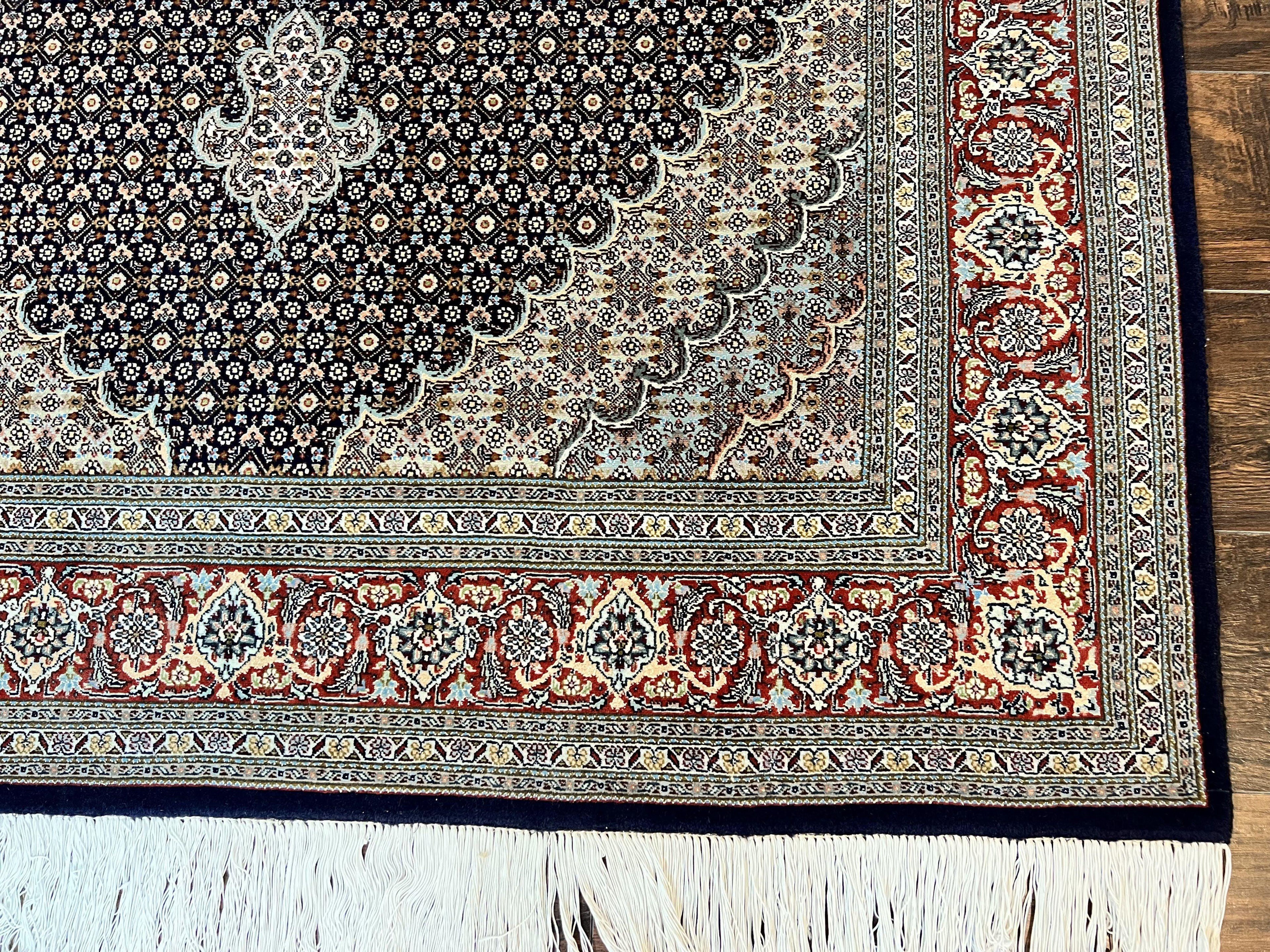 Persian Tabriz Rug 5x7, Wool with Silk Highlights, Hand Knotted Vintage Oriental Carpet, Very Fine, Herati Mahi Pattern, Black, Rare