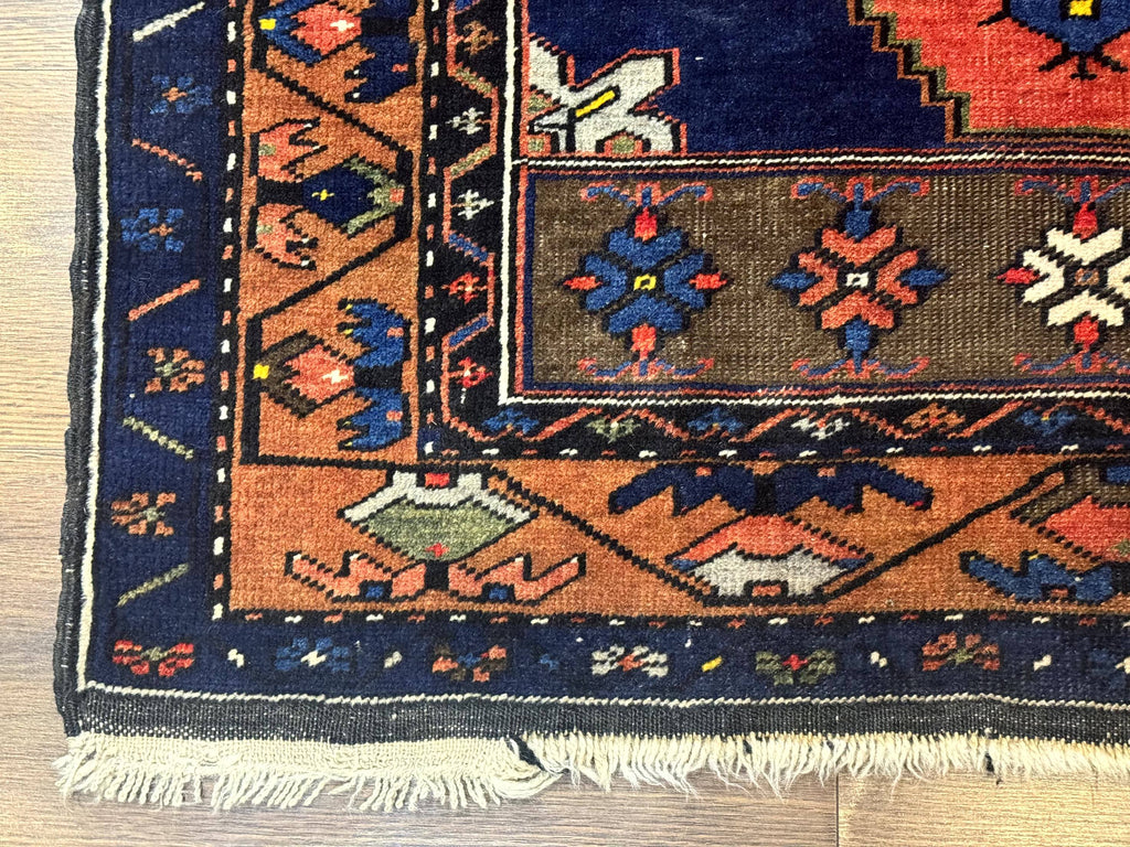 Persian Rug 3x6, Geometric Medallion, Village Tribal Rug, Terracotta and Navy Blue, Antique Nahavand Hamadan Rug