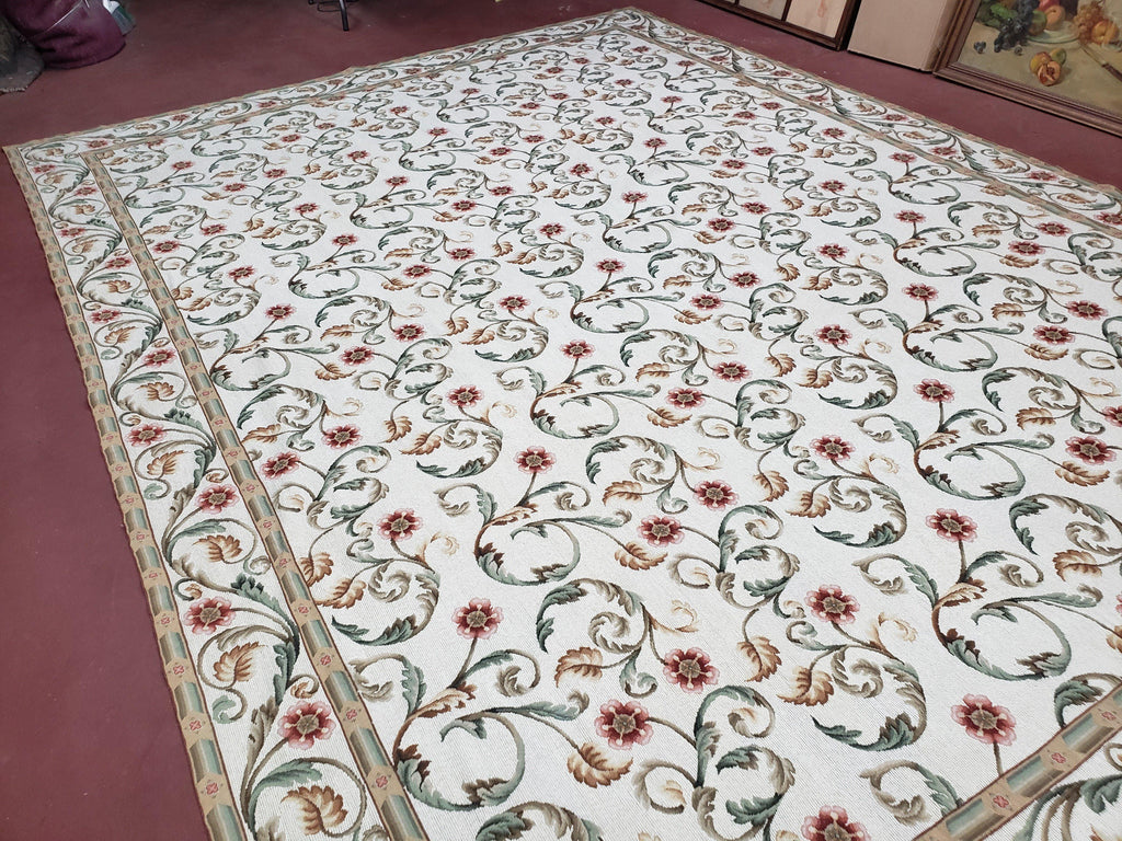Needlepoint Rug 9x12, European Aubusson Design, Floral Allover Garden Pattern, New Needlepoint Area Rug, Ivory Rug, Hand Woven, Flatweave
