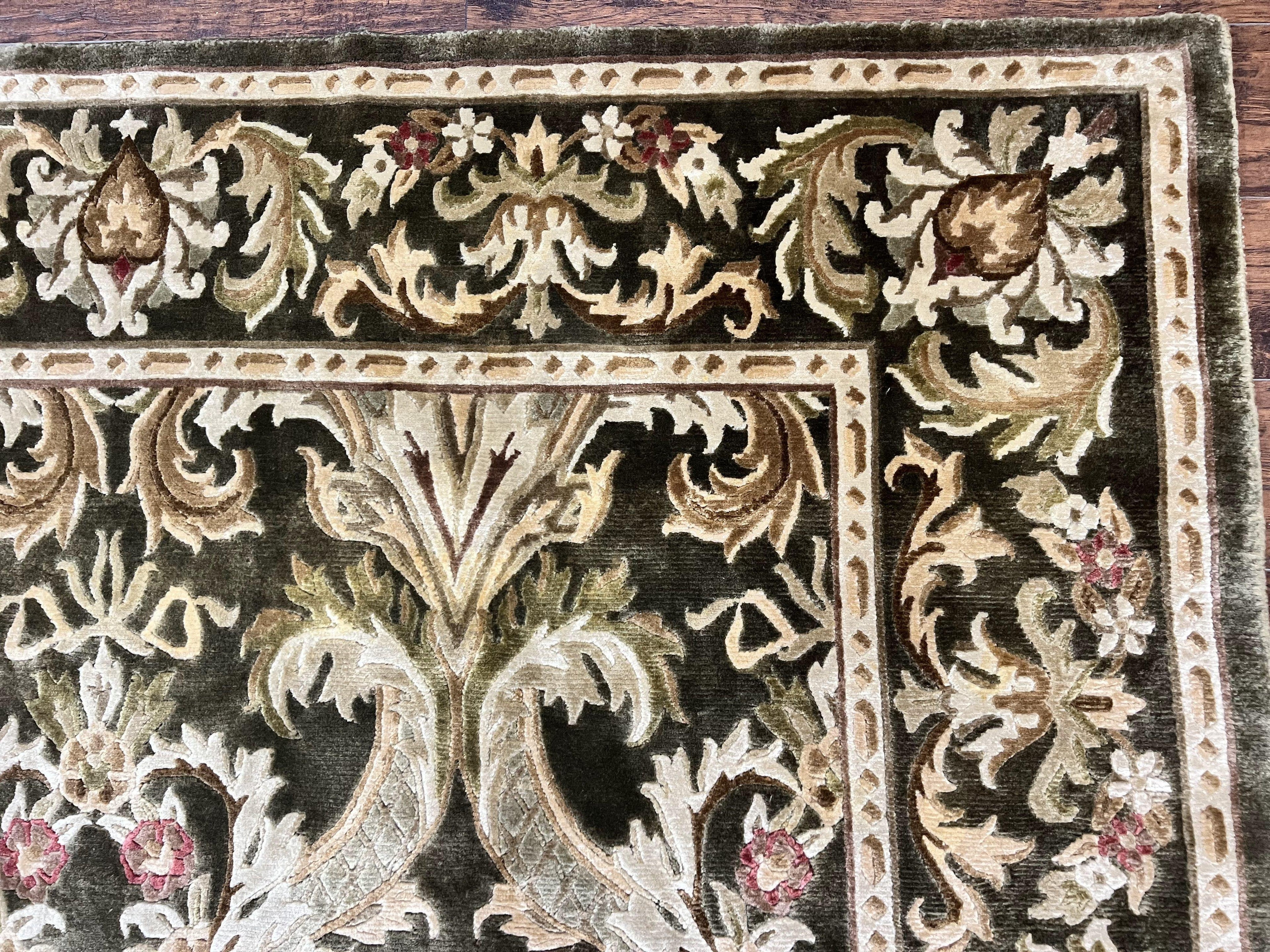 Tibetan Rug 8x10, European Design, Floral, Green, Handmade, Wool, Nepali Rug