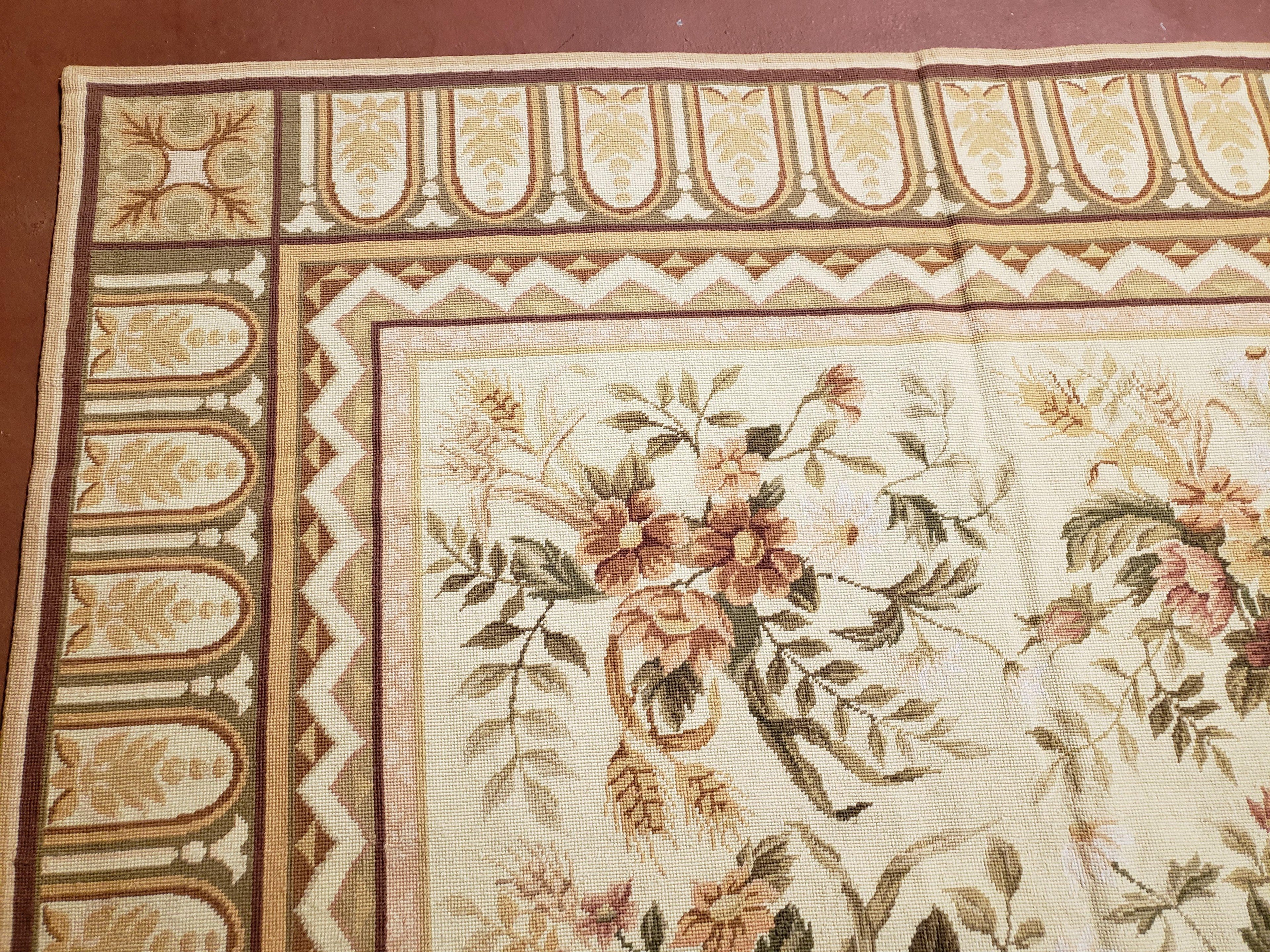 Needlepoint Rug 8x10 Aubusson Rug Victorian Floral Rug Handmade French Style French Decor Garden Panel Beige 8 x 10 Area Rug 100% Wool