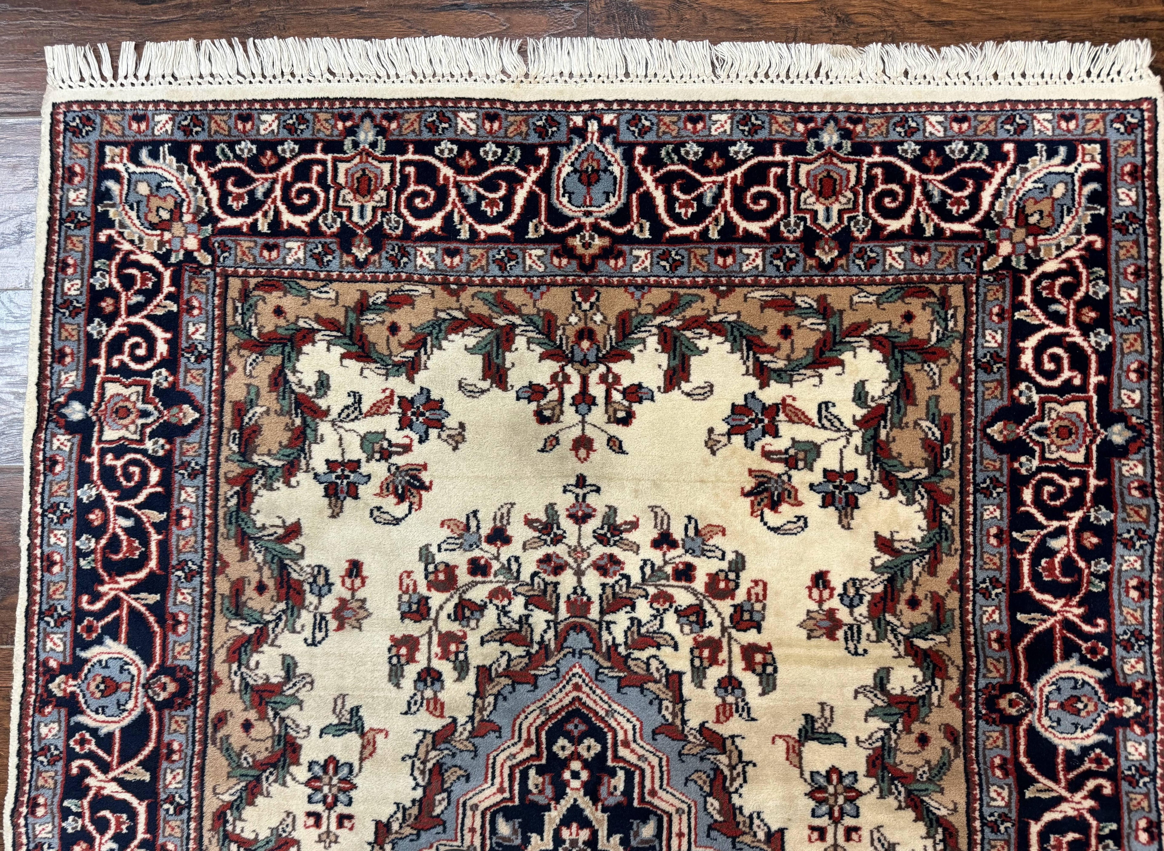 Indian Kashmiri Rug 4x6, Ivory Beige Navy Blue, Traditional Indo Persian Rug