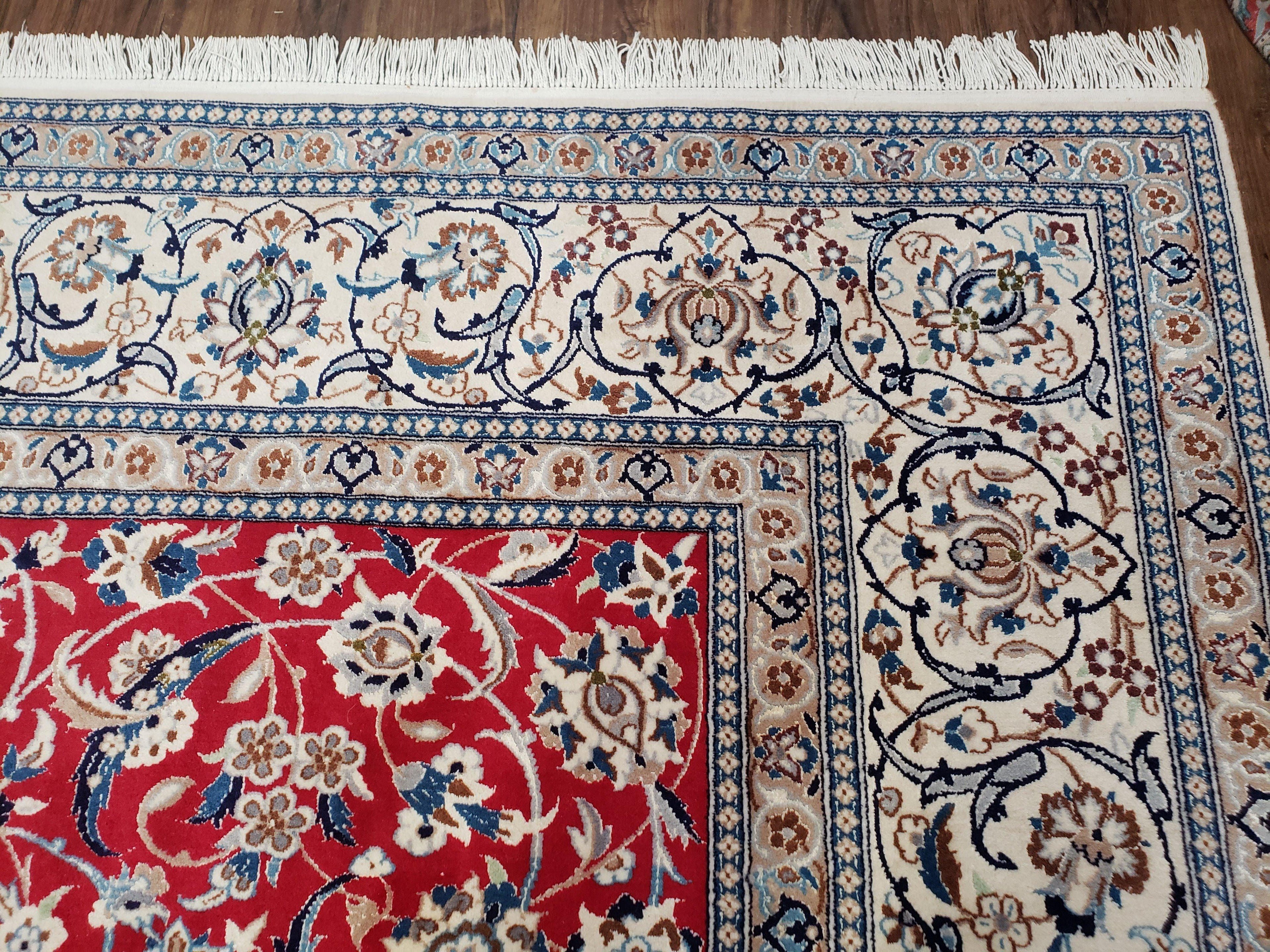 Persian Nain Rug 8x12, Red and Ivory, Signed