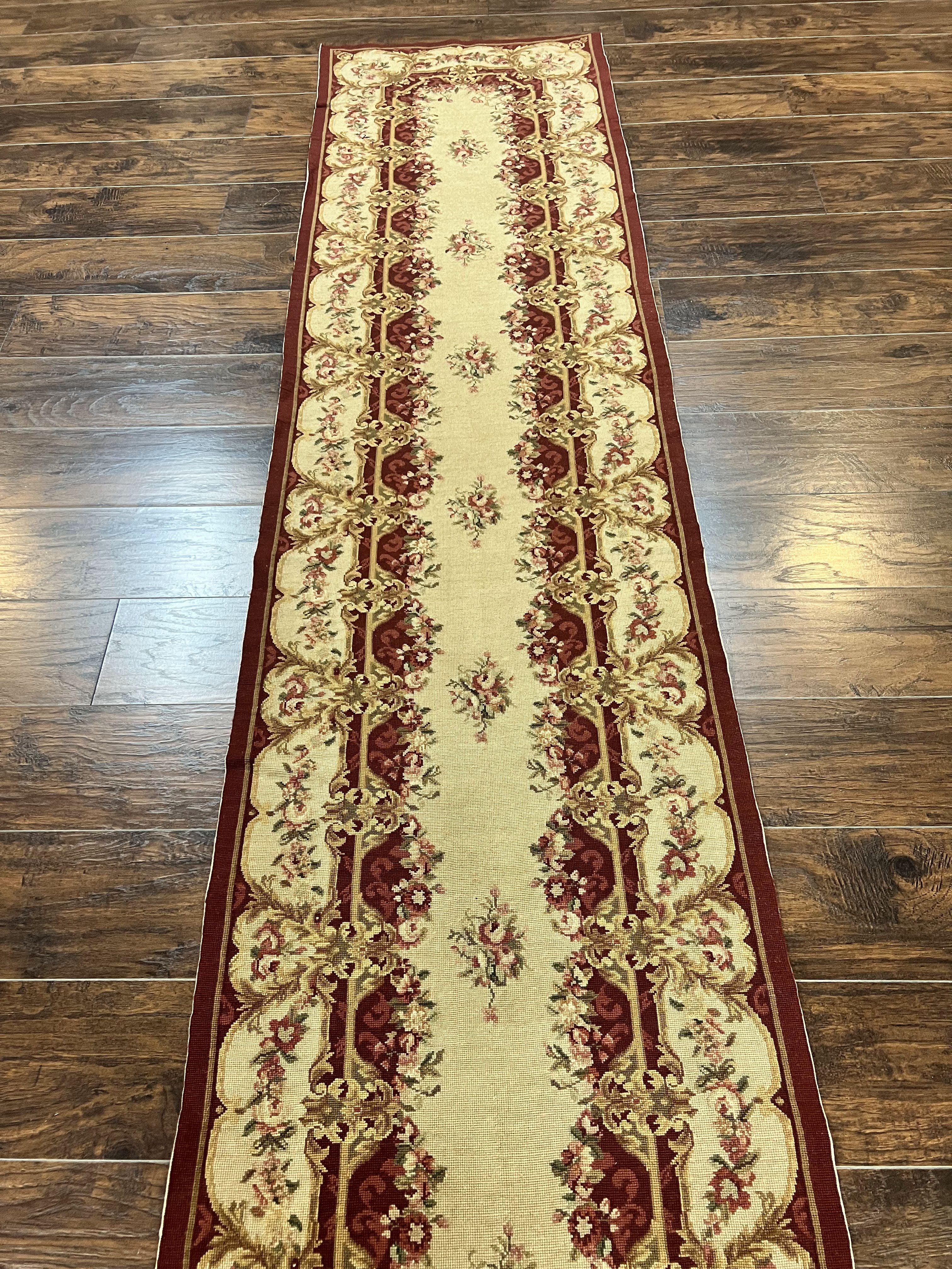 Needlepoint Runner Rug 2.5 x 10.7, Tan Runner Rug, Flatweave Runner, Aubusson European Design, Needlepoint Rug, Long Runner, Hallway Rug