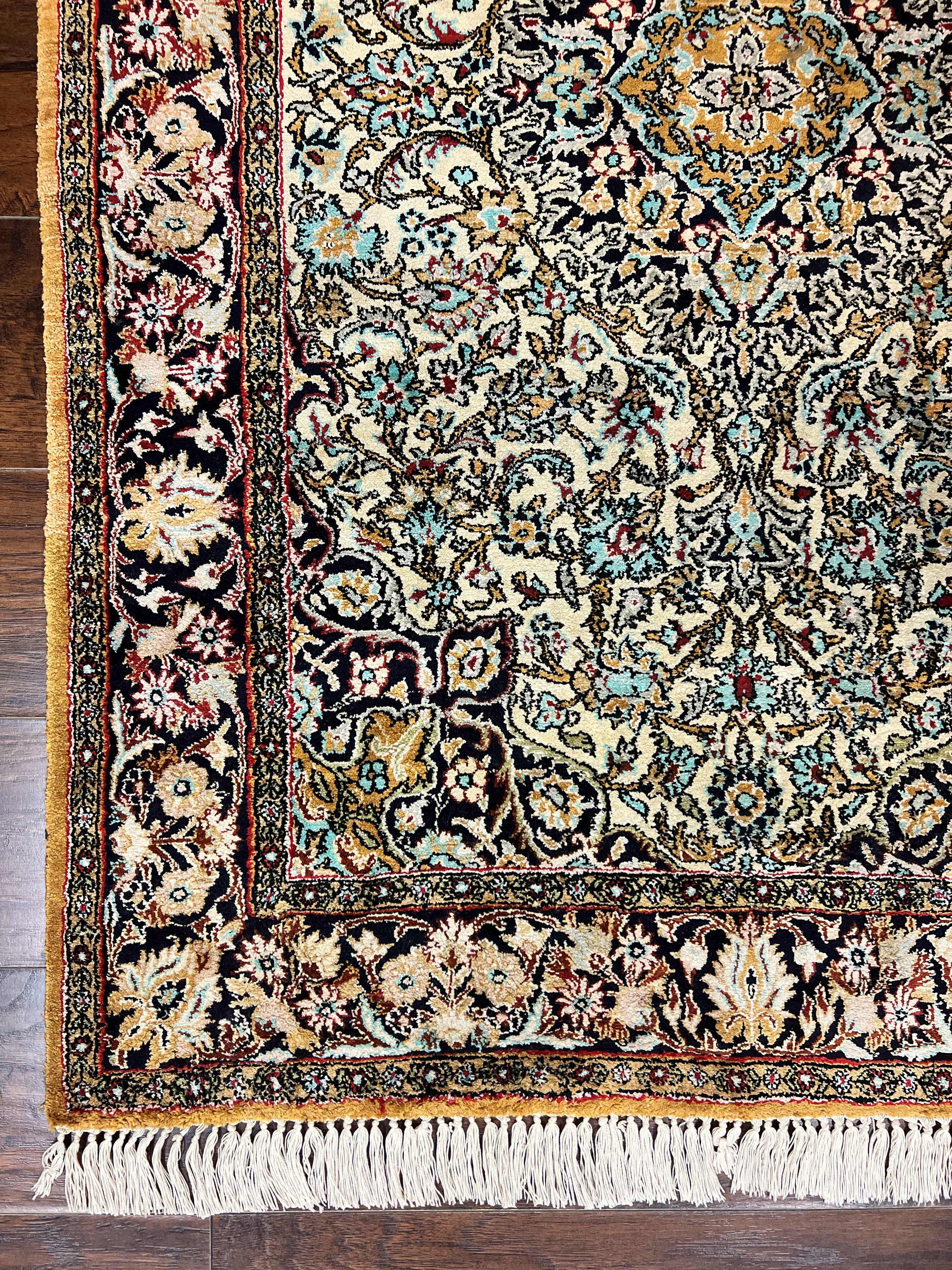 Silk Persian Qum Rug 4x5, Hand Knotted Vintage Carpet, Cream & Navy Blue, Silk Pile on Silk Foundation, Very Fine 360 KPSI