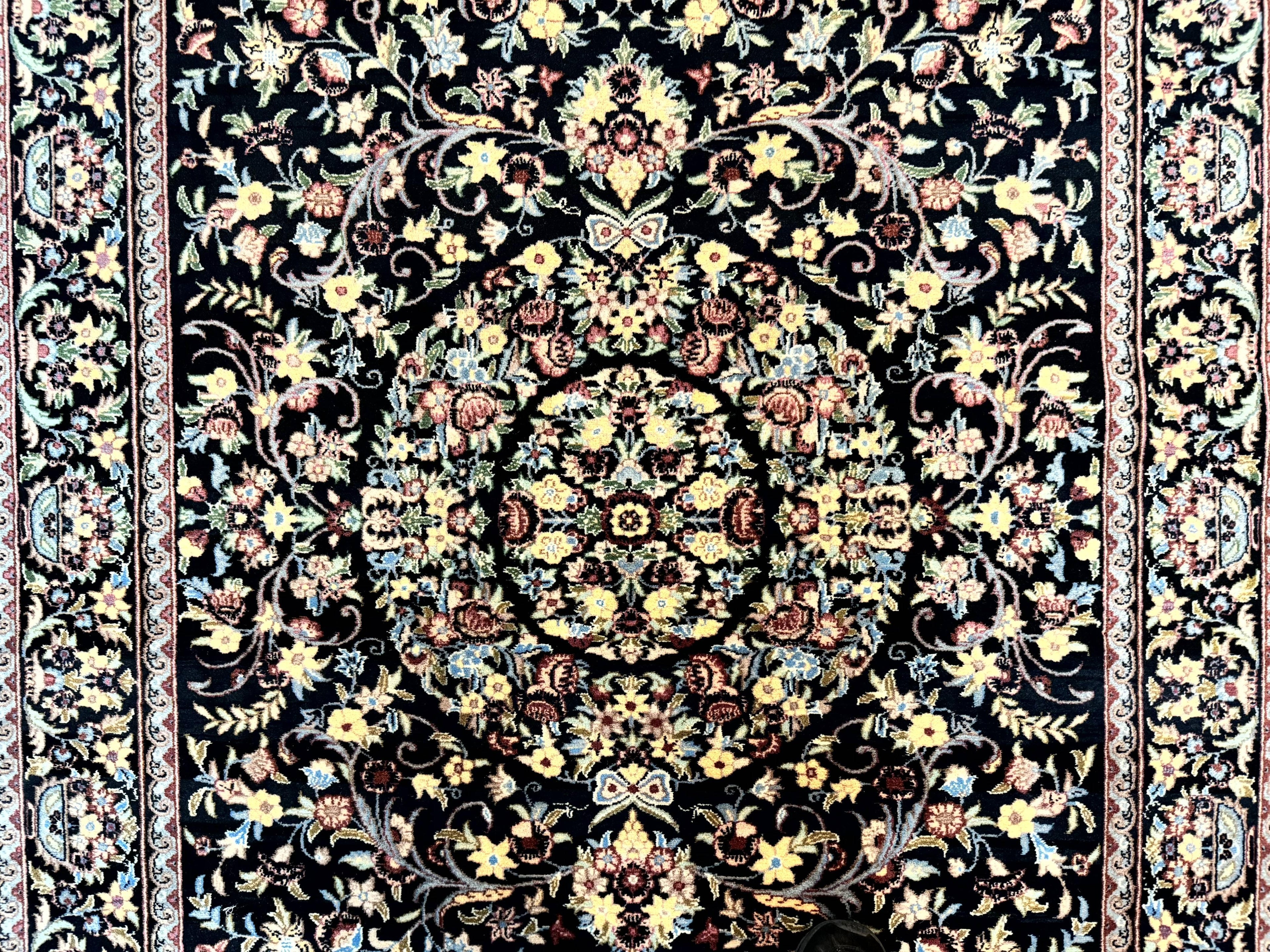 Pak Persian Rug 5x7, Floral, Colorful, Handmade Vintage Wool Rug, Finely Hand Knotted 225 KPSI, Black