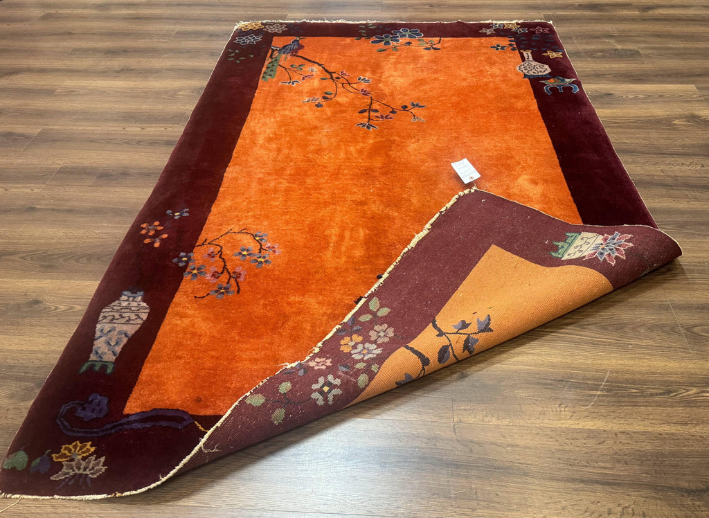 Chinese Art Deco Rug 5x8, Antique Chinese Wool Rug, Nichols Rug, Rare Chinese Carpet, Orange and Purple-Maroon