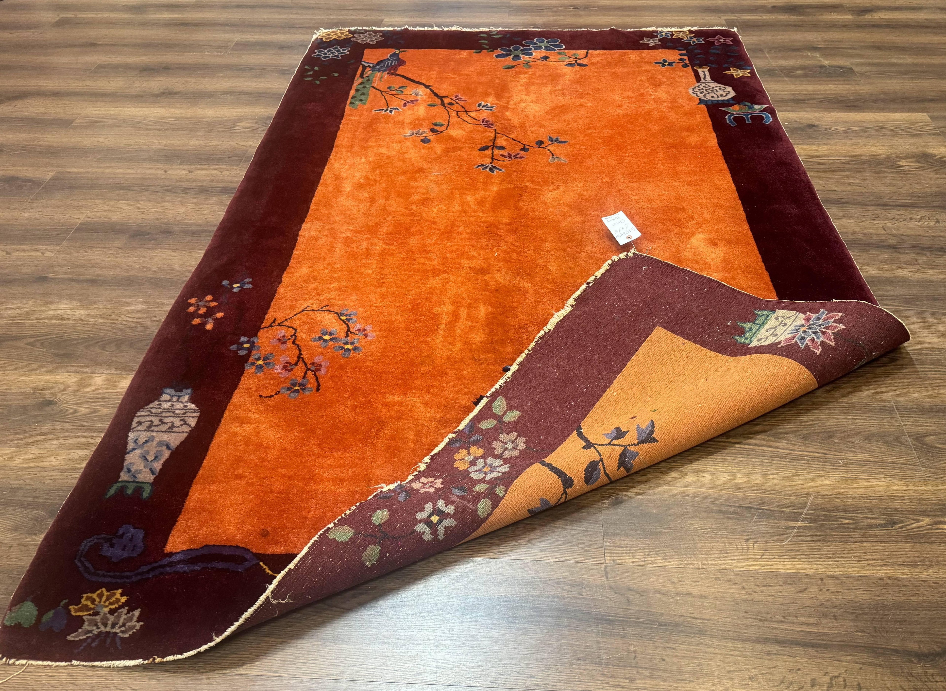 Chinese Art Deco Rug 5x8, Antique Chinese Wool Rug, Nichols Rug, Rare Chinese Carpet, Orange and Purple-Maroon