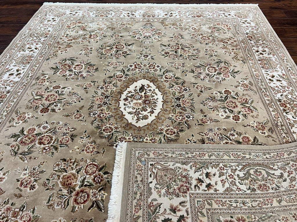Sino Persian Rug 8x10, Soft Wool, Silk Highlights, Hand Knotted Vintage Carpet, Taupe & Ivory, Floral, Traditional Rug 8 x 10